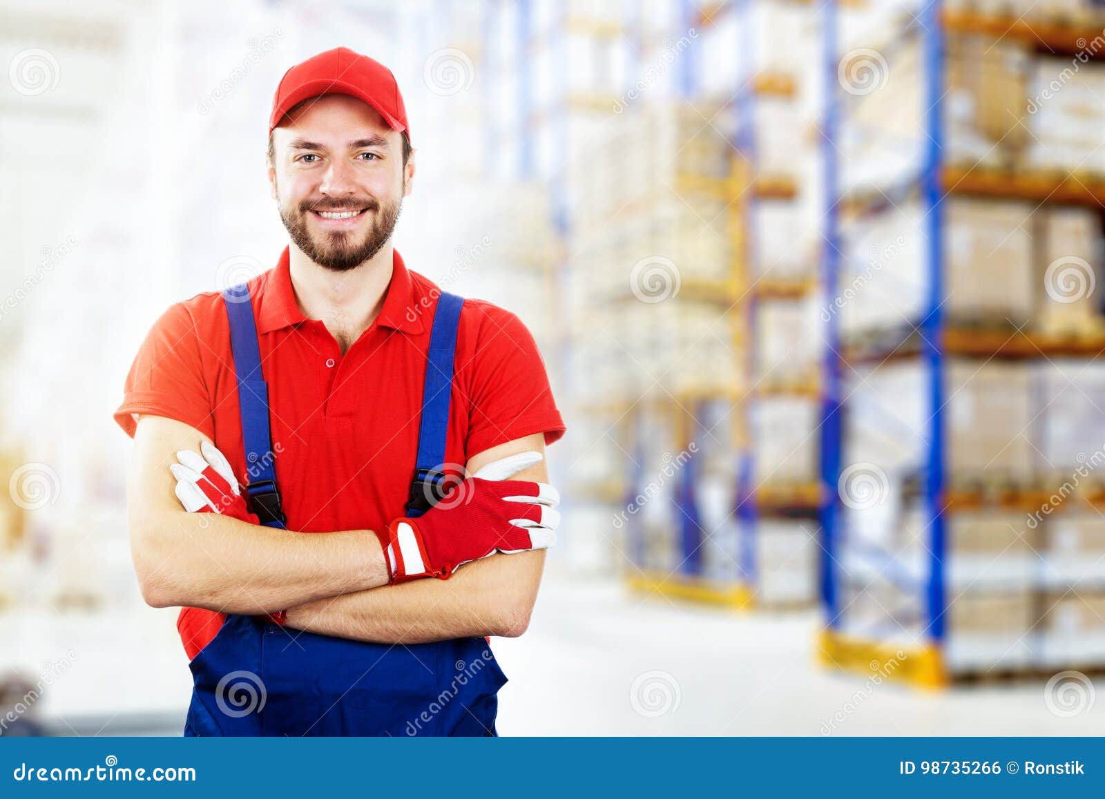 Smiling Young Warehouse Worker in Red Uniform Stock Photo - Image of