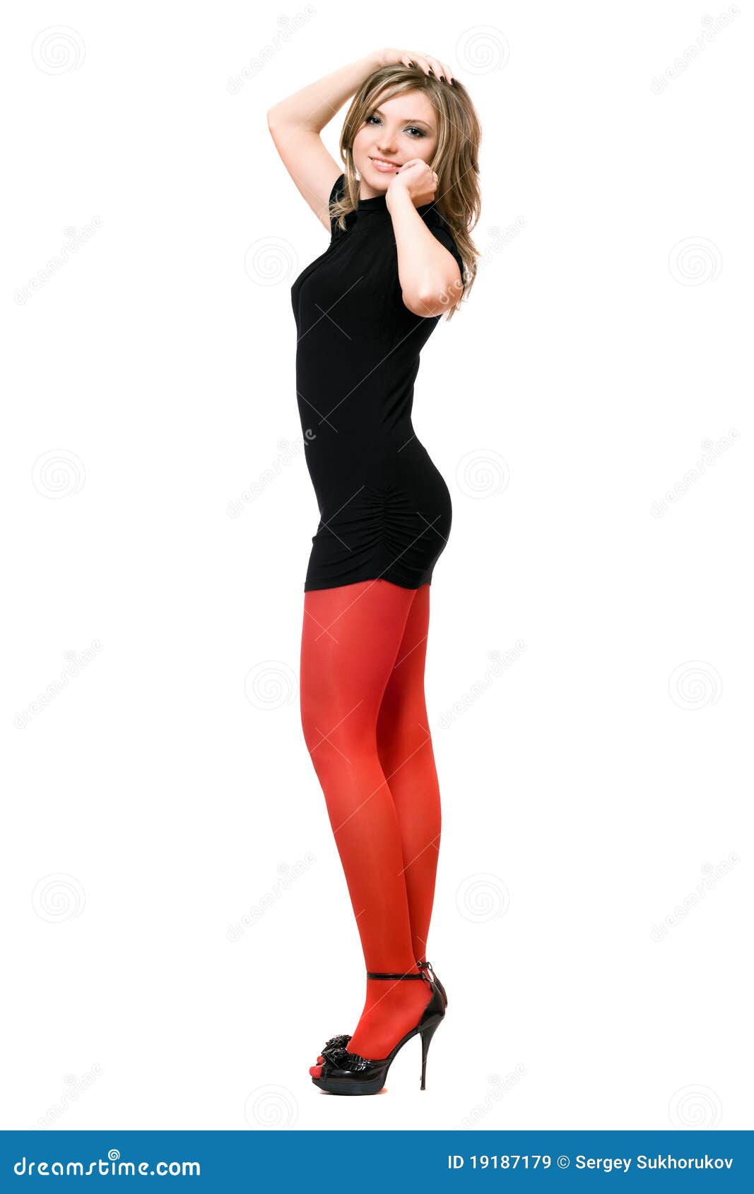 Smiling Young Woman in a Black Dress Stock Image - Image of heels, nice ...