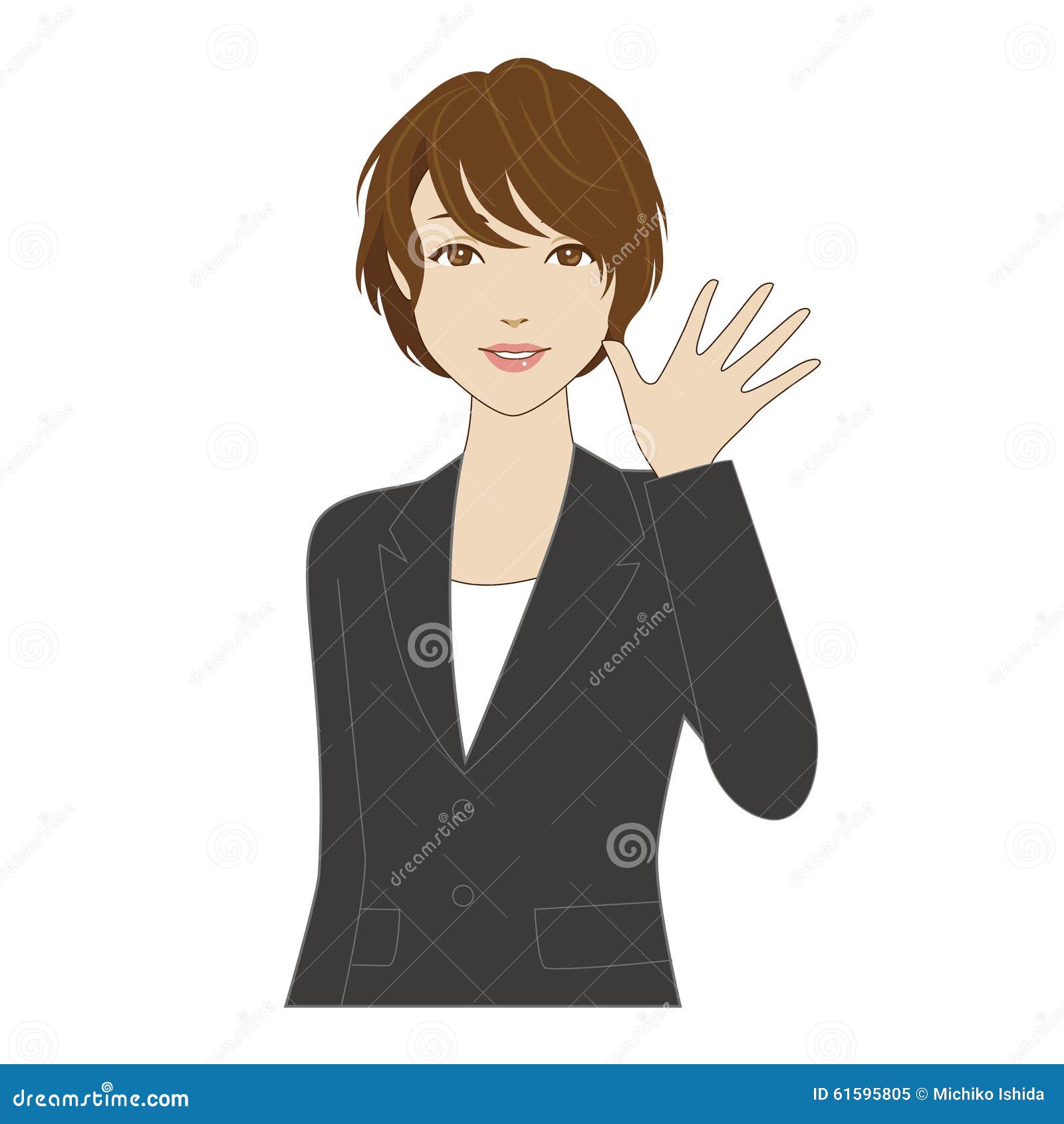 smiling young woman in business suit waving her hand