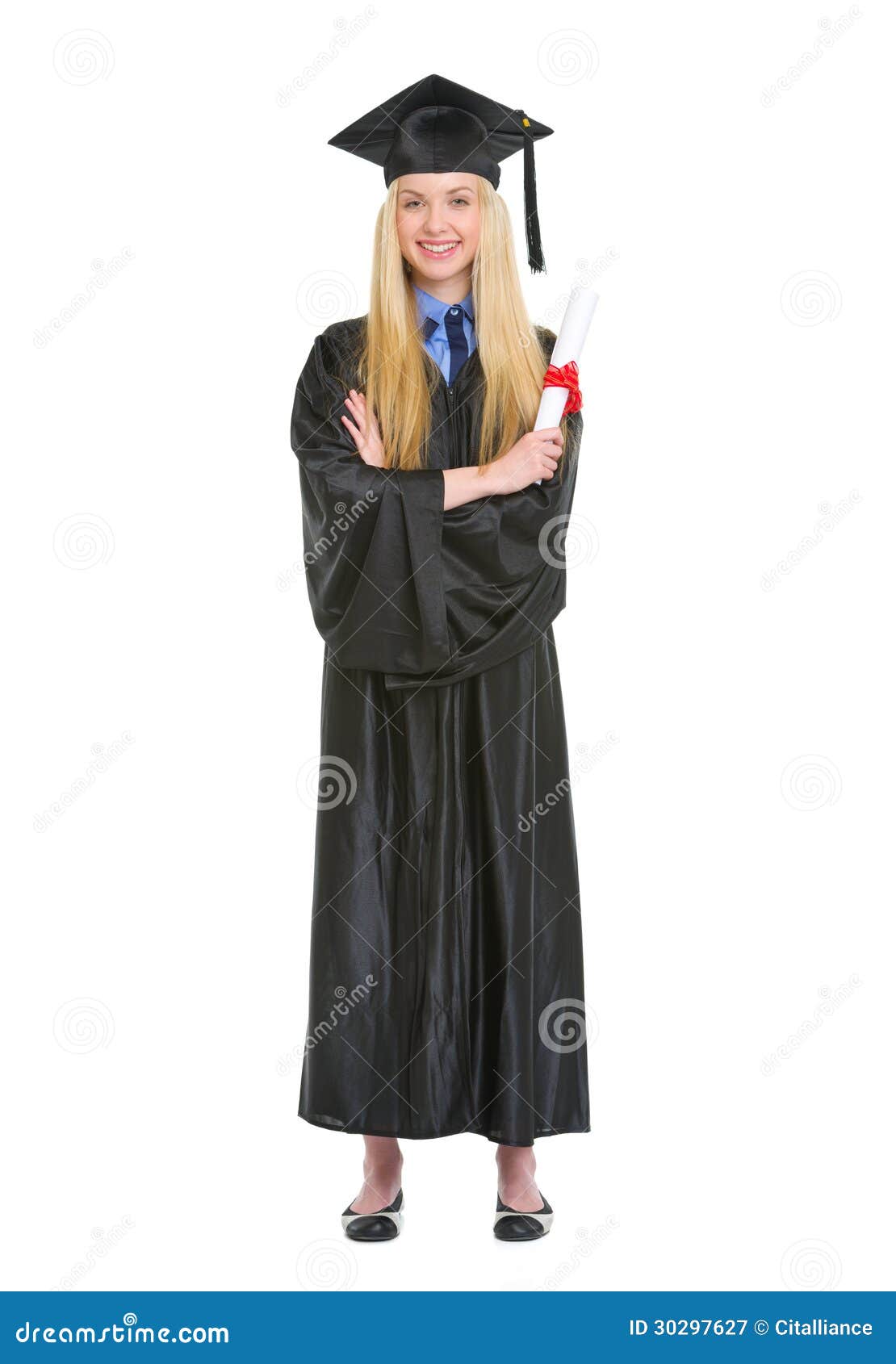 Smiling Woman In Graduation Gown Holding Diploma Stock Image Image Of