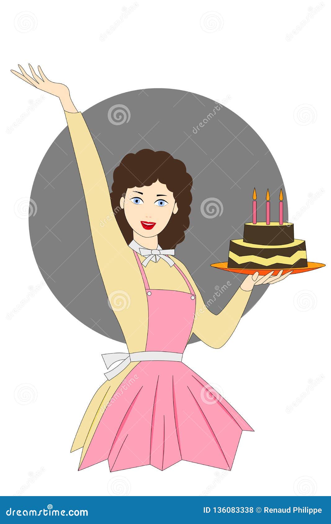 Smiling Young Woman Holding a Big Cake in the Kitchen Stock