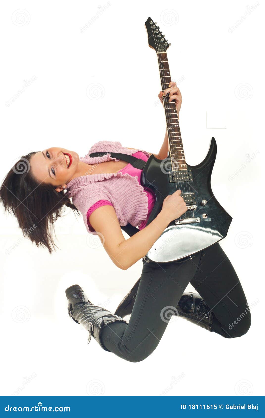 Smiling Young Woman Playing Rock Guitar Royalty Free Stock 