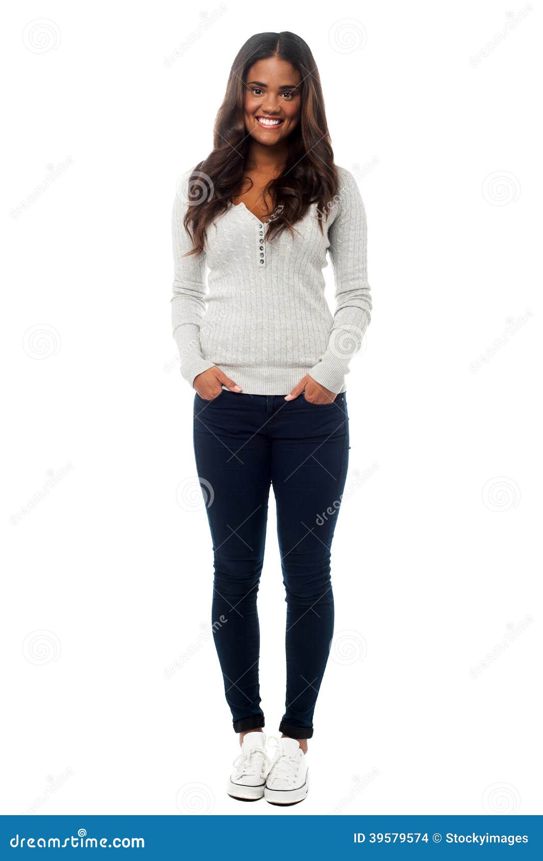 Smiling Young Woman Posing with Hands in Pockets Stock Photo - Image of ...