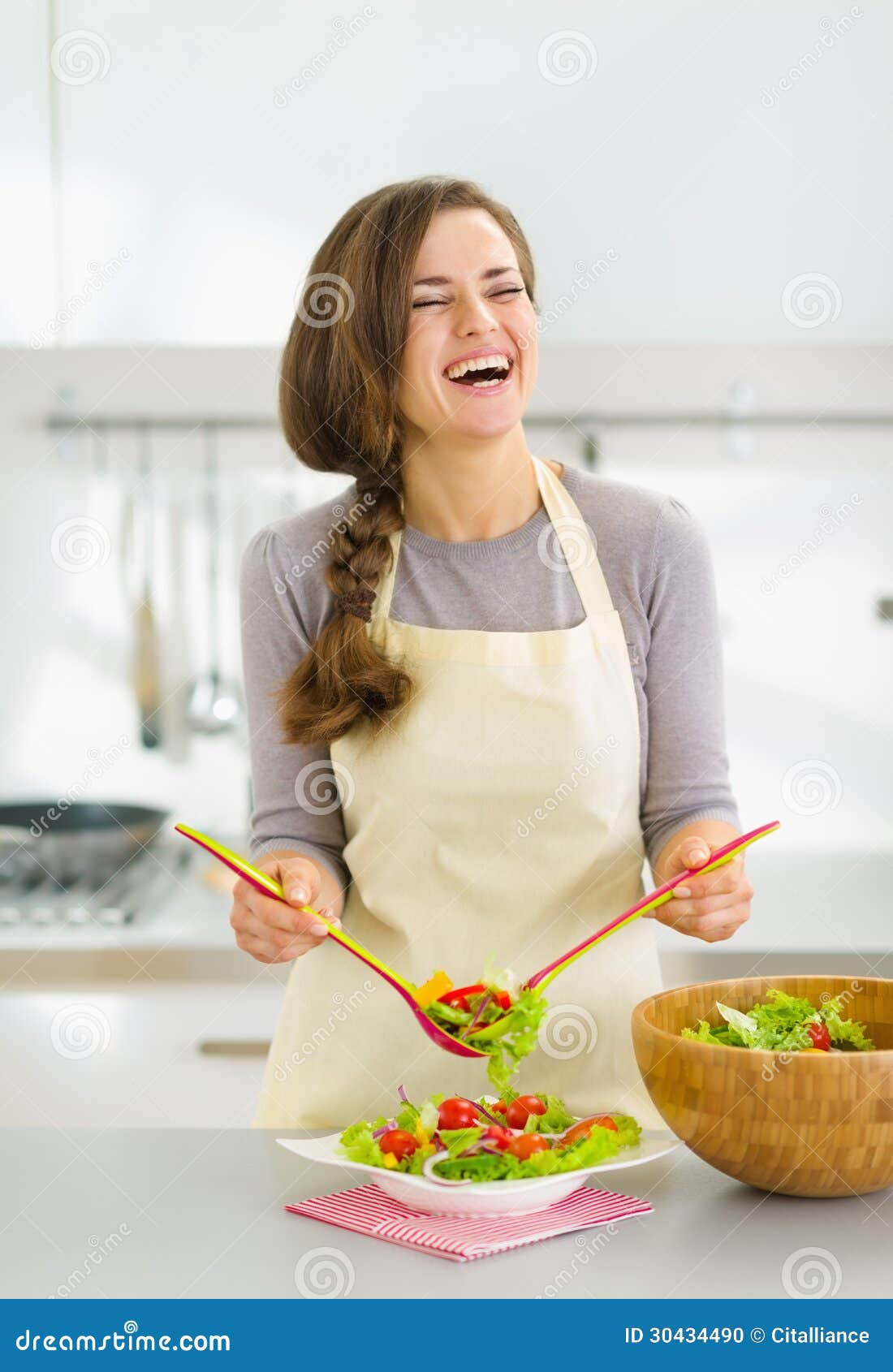 Smiling Young Woman Serving Fresh Salad on Plate Stock Photo Image of