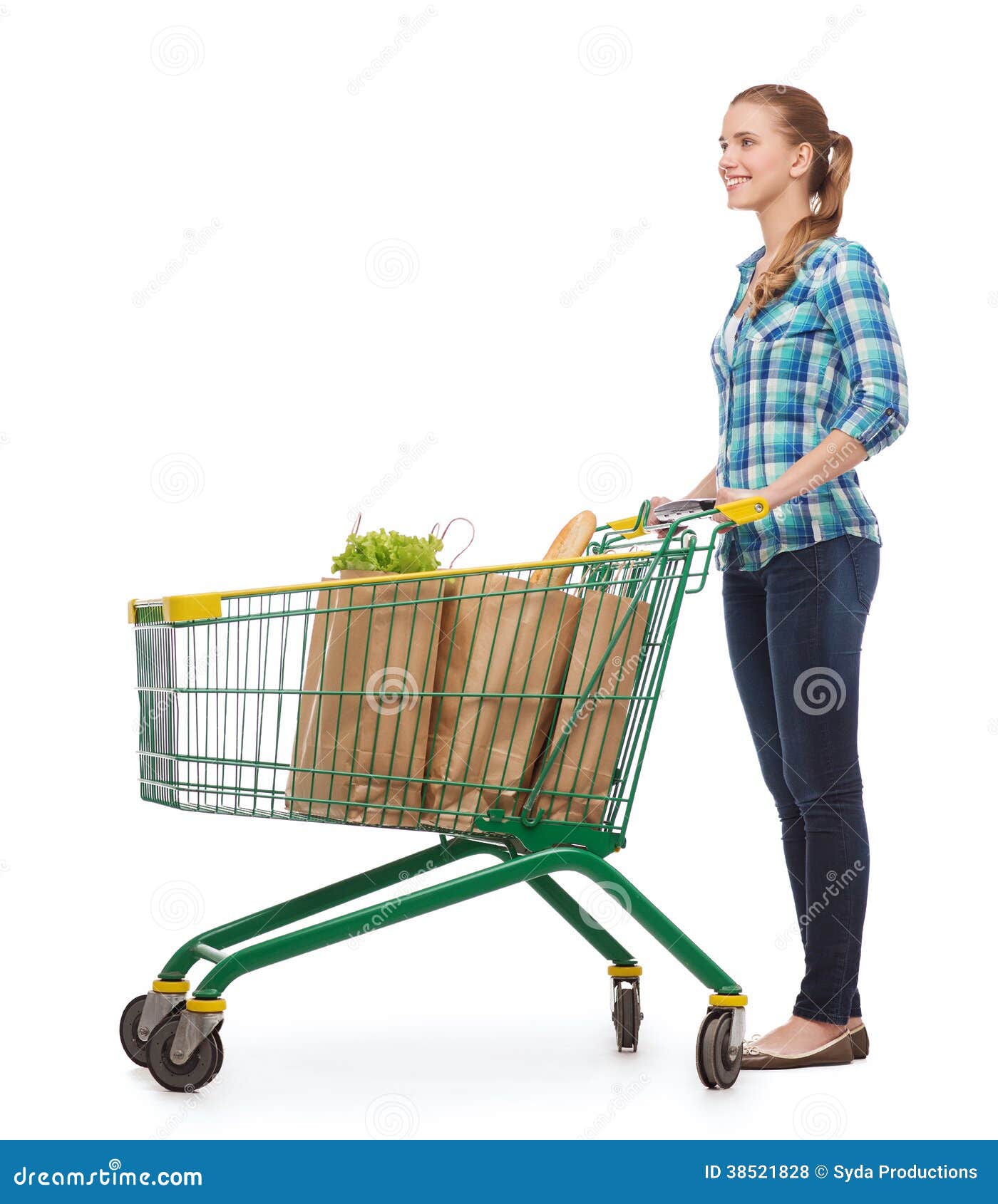 Smiling Young Woman with Shopping Cart and Food Stock Photo Image of