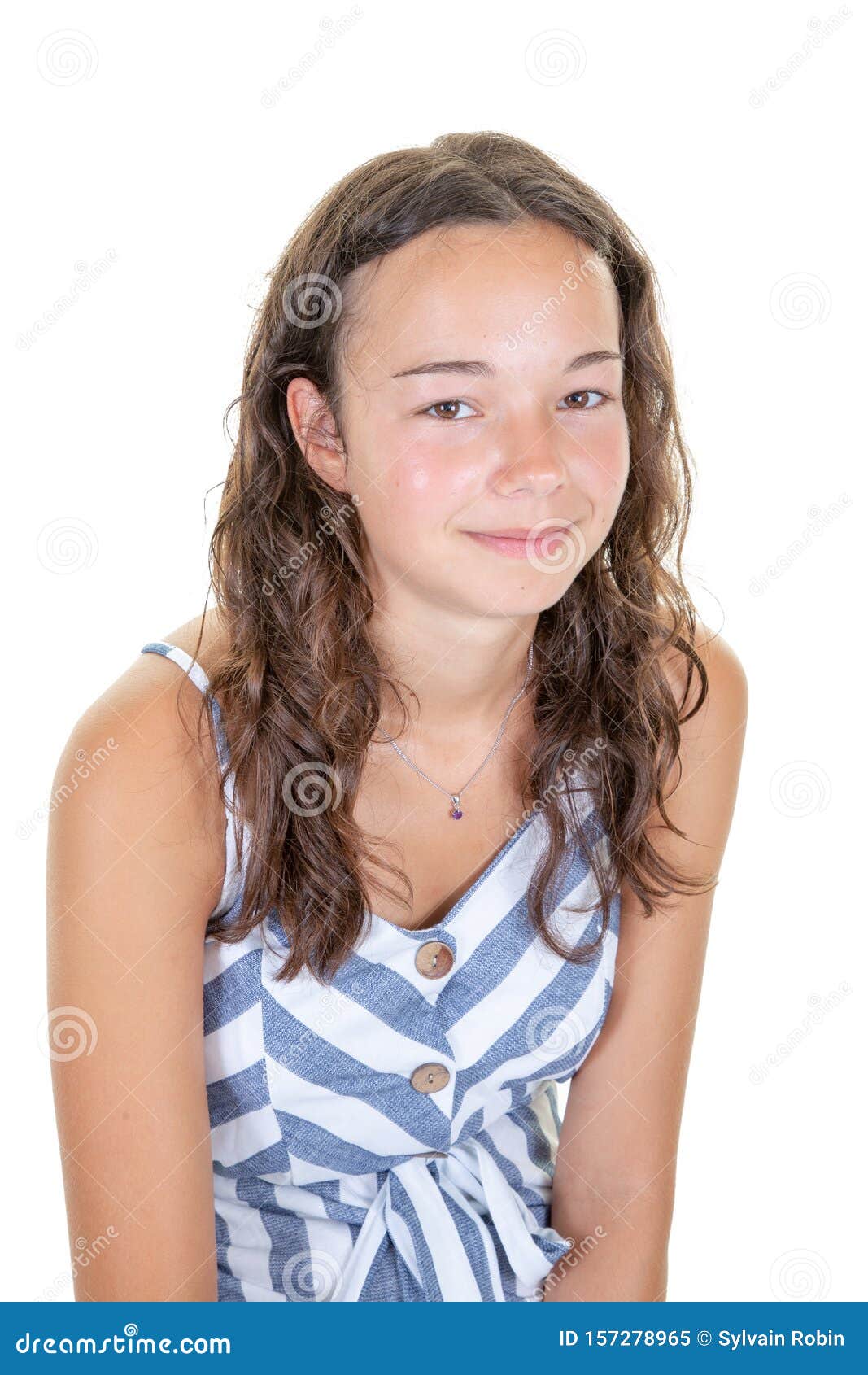 Smiling Young Woman Teenage Girl in Striped Shirt Over White Background ...