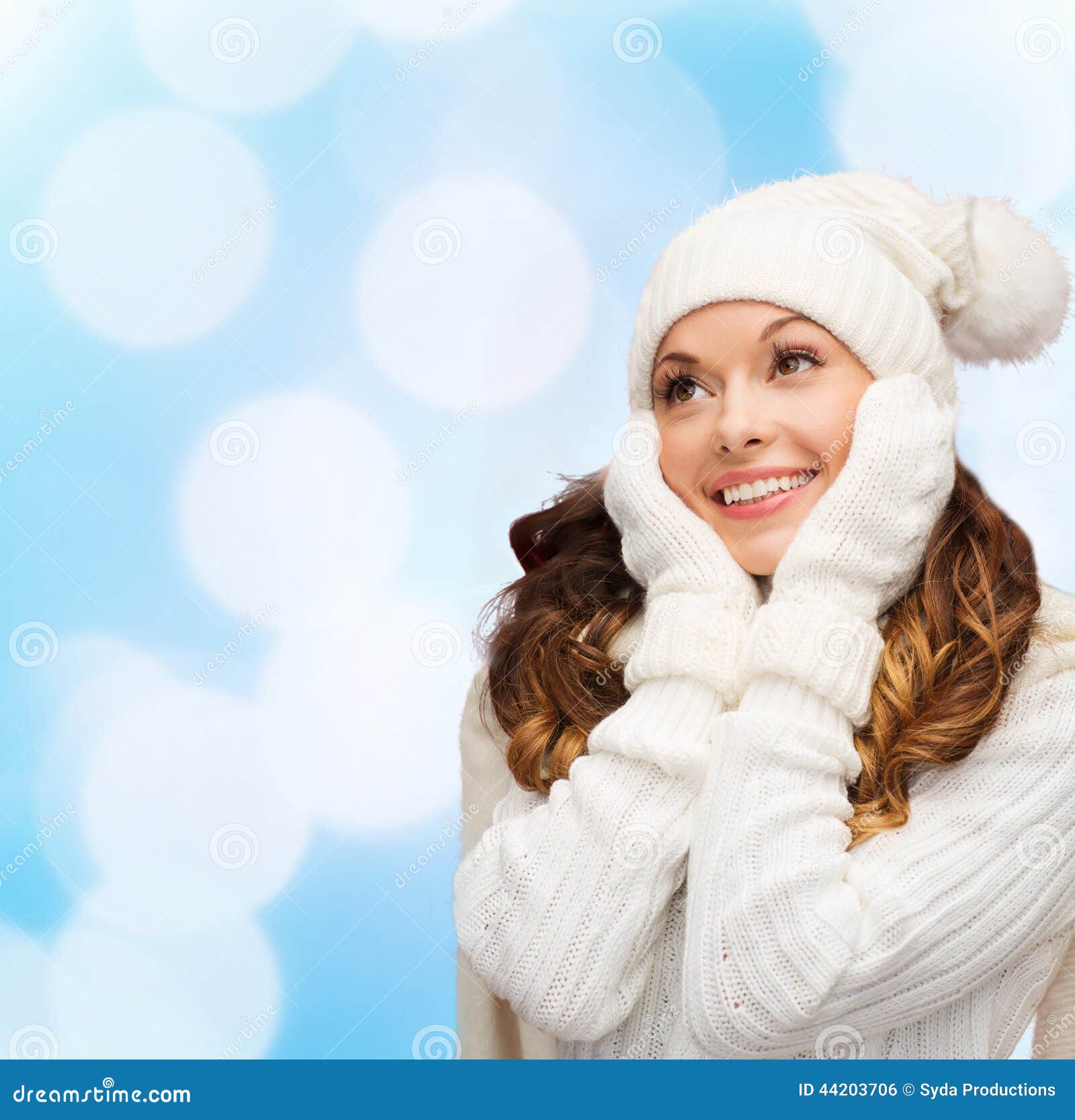 Smiling Young Woman in White Winter Clothes Stock Photo - Image of ...