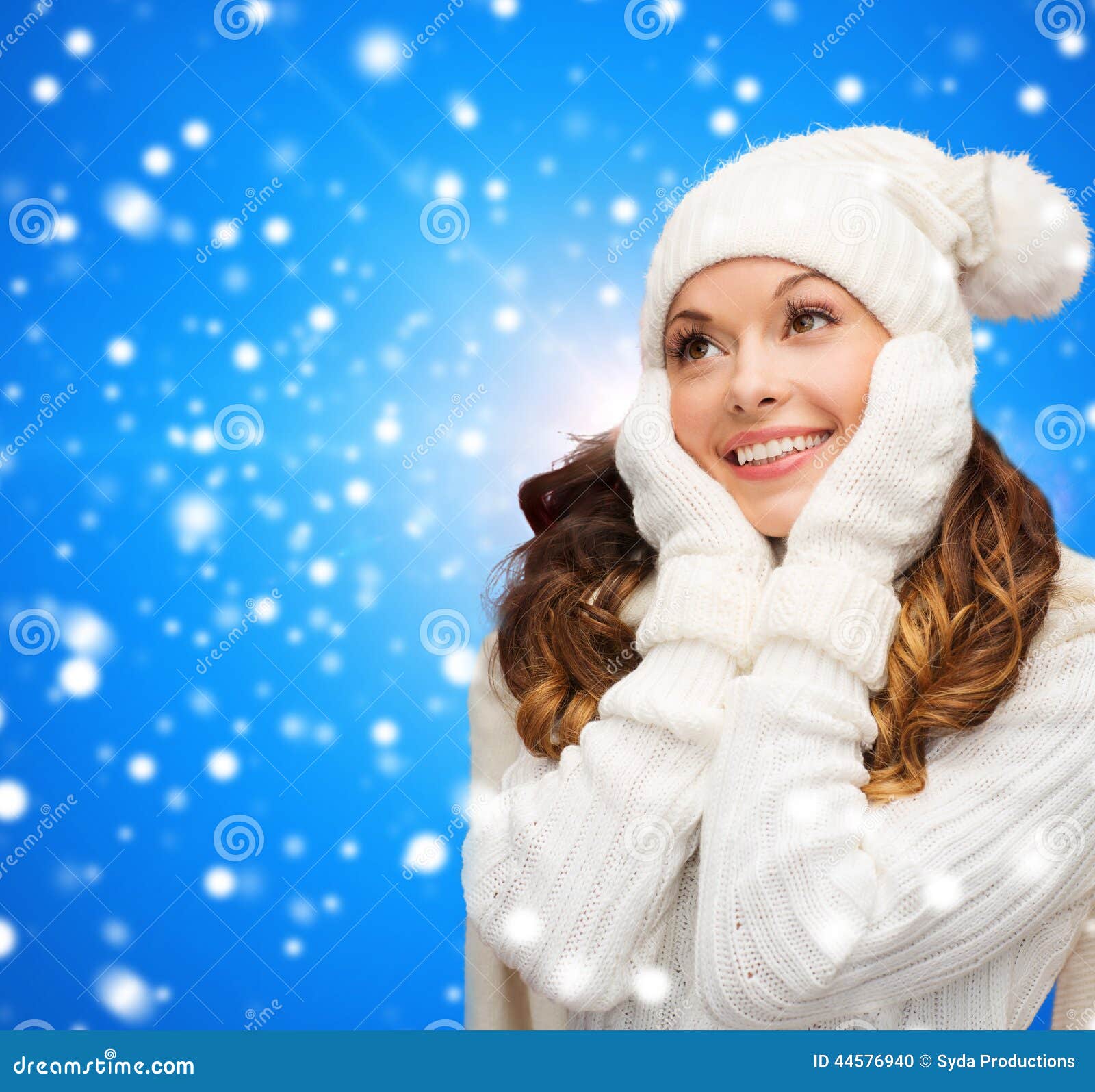 Smiling Young Woman in White Winter Clothes Stock Photo - Image of ...