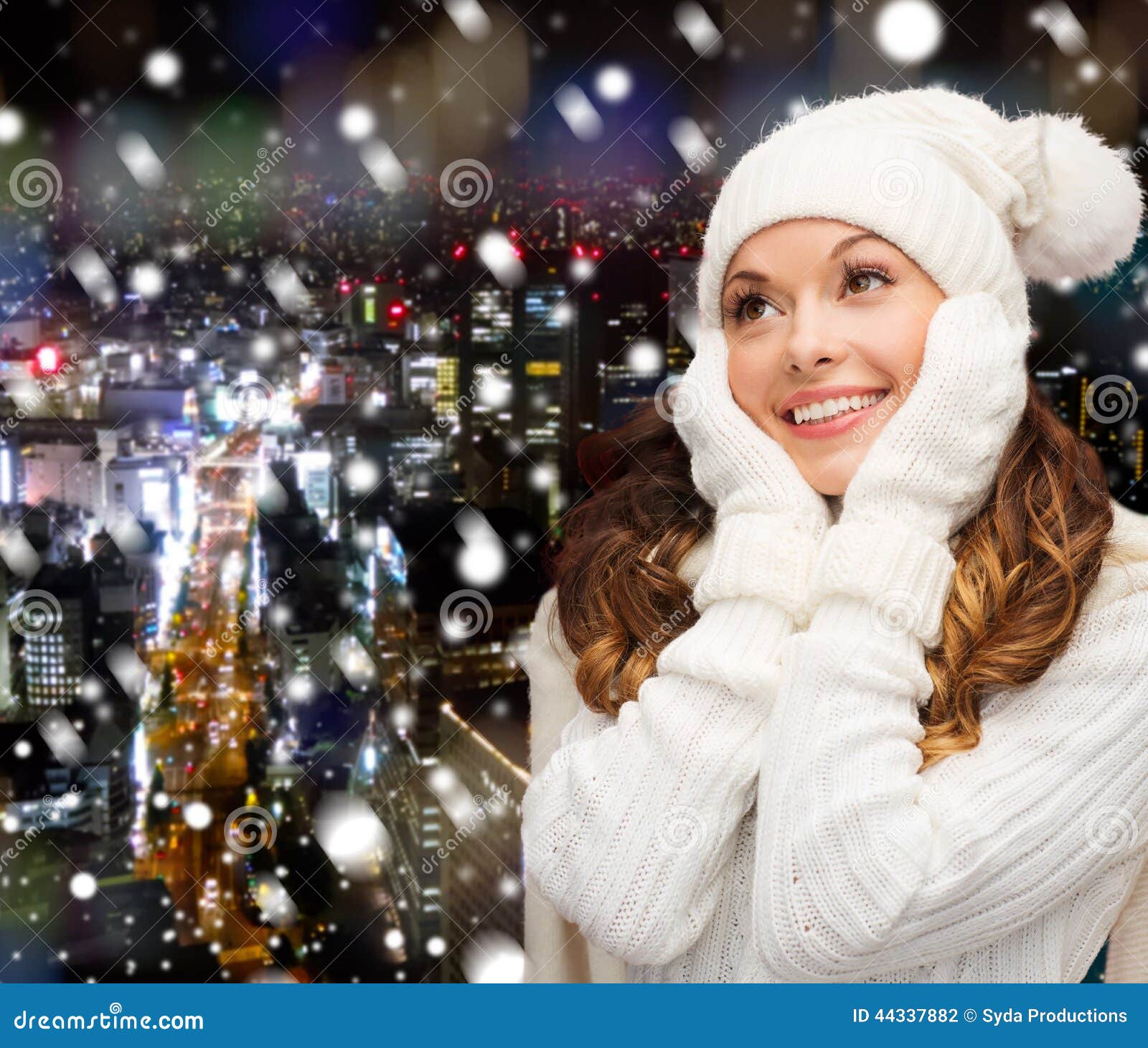 Smiling Young Woman in White Winter Clothes Stock Photo - Image of ...