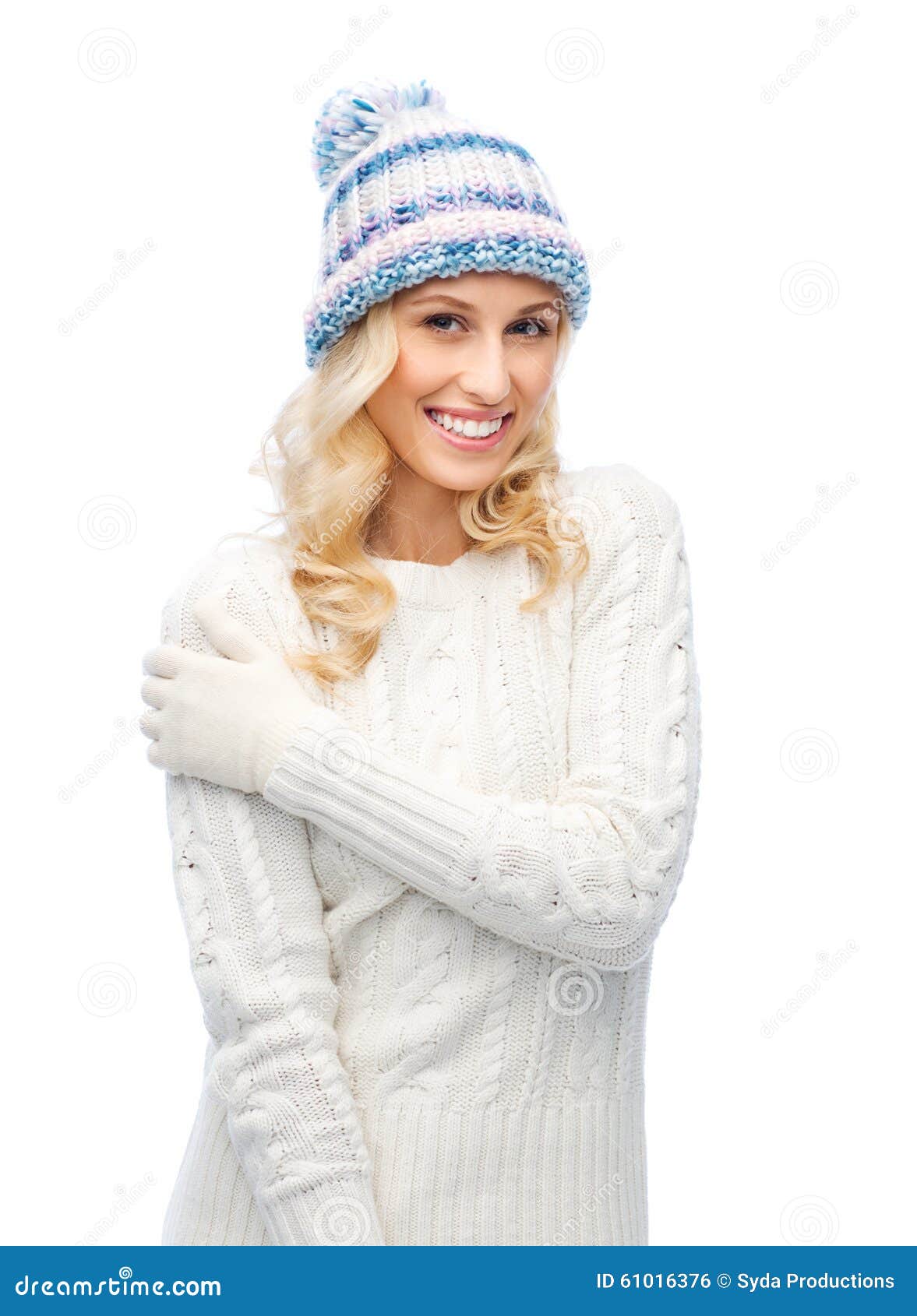 Smiling Young Woman in Winter Hat and Sweater Stock Photo - Image of ...