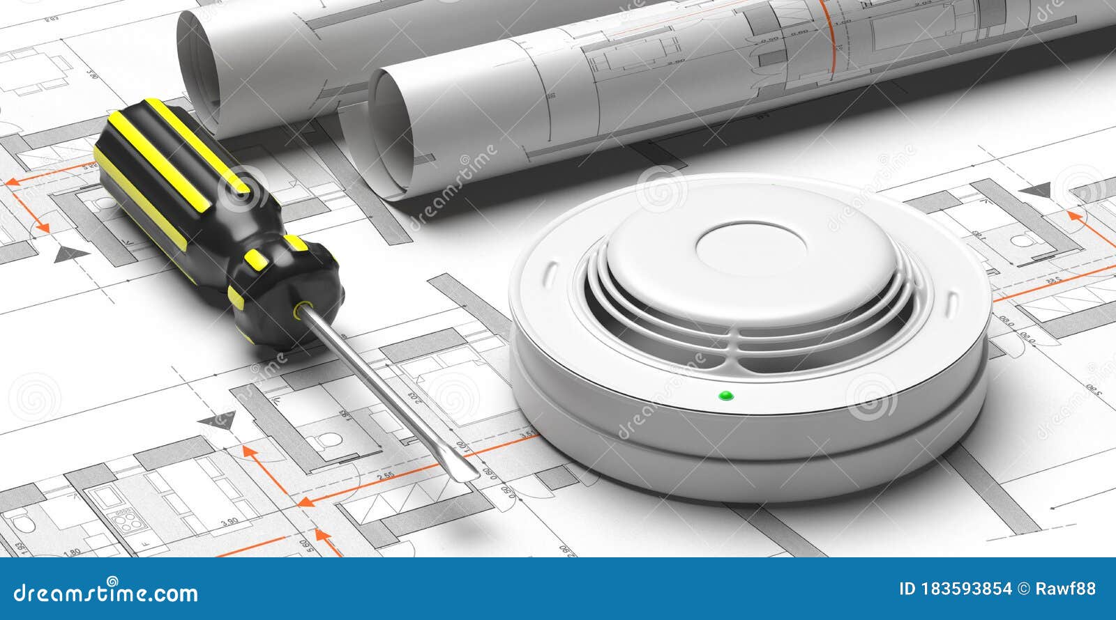Smoke Detector on Blueprint Drawing Background. Fire Safety System. 3d ... Circuit Diagram