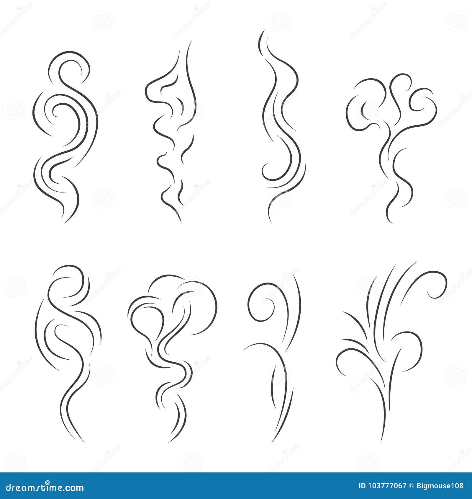 smoke steam vapor signs black thin line icon set. 