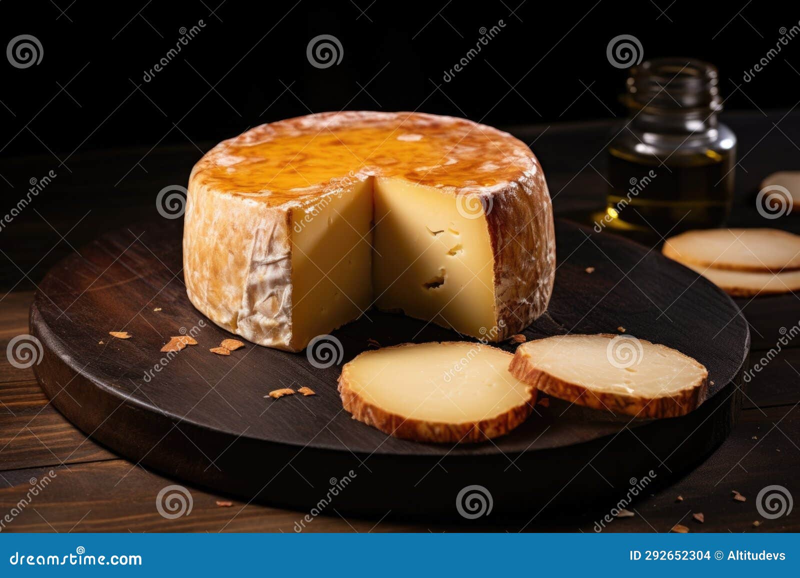 Smoked Cheese Round with a Rind Visible on a Table Stock Photo Image