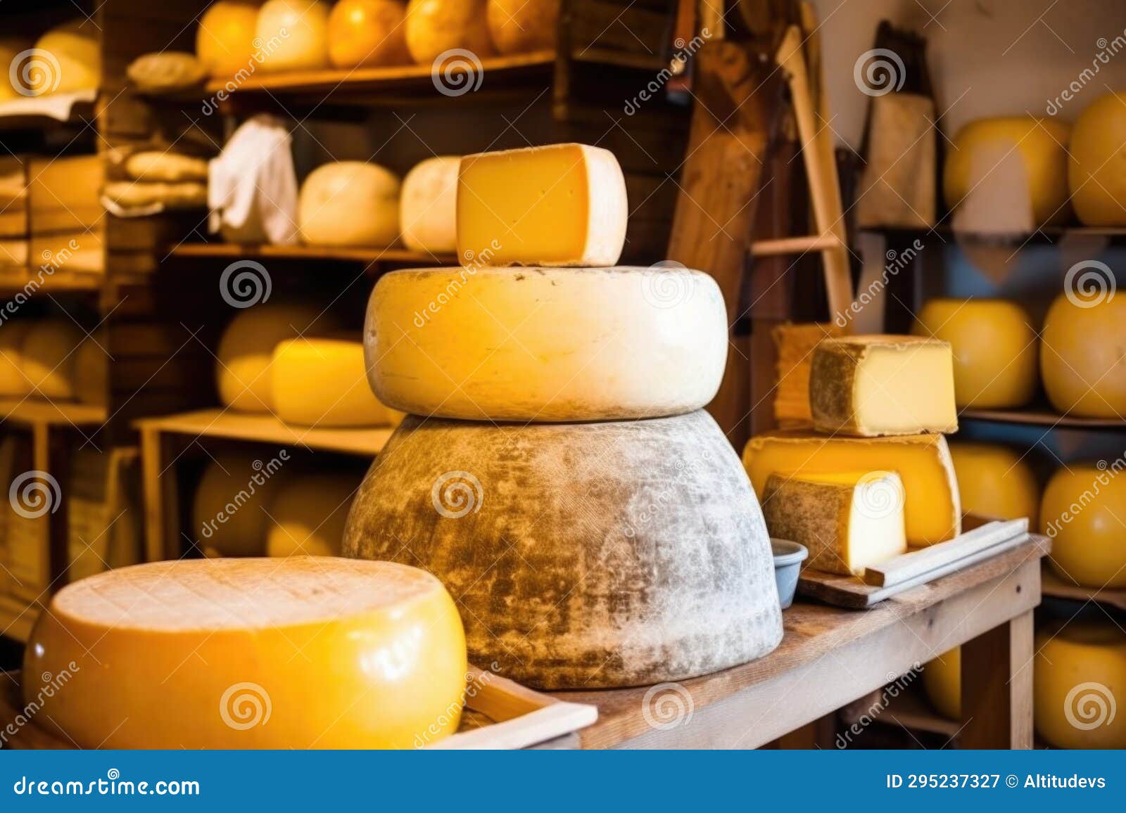 A Smoked Cheese Wheel Stacked in a Cheese Shop Stock Image Image of