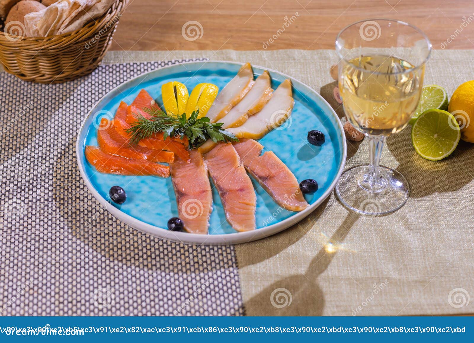 Smoked Fish Platter Appetizer on the Wooden Table. Stock Photo Image