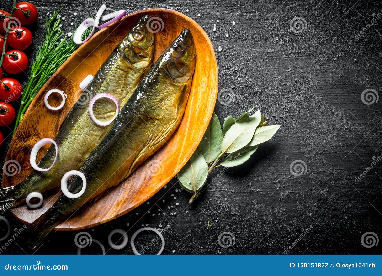 Smoked Fish with Tomatoes, Dill and Onion Rings Stock Photo Image of