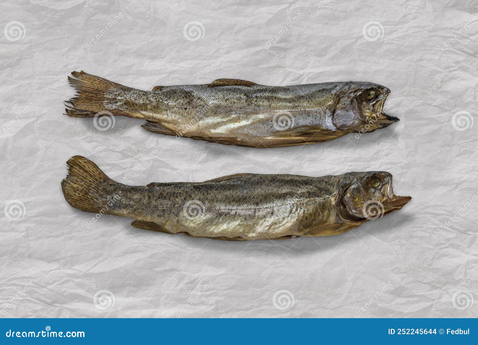 Smoked Fish on White Paper. Dried Kippered Trout Fish Stock Photo
