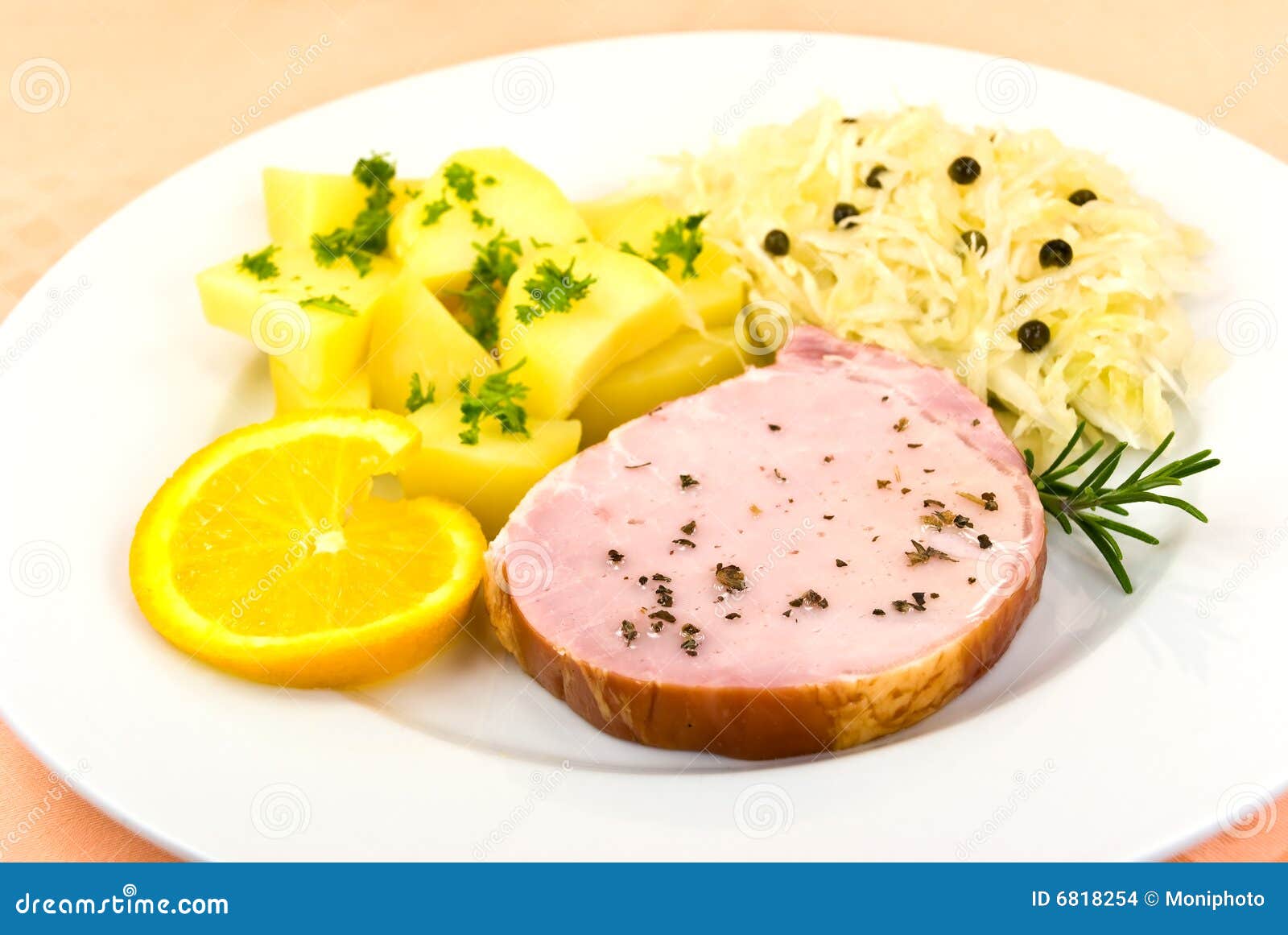 Smoked Ham with Cabbage and Boiled Potatoes Stock Photo - Image of chop