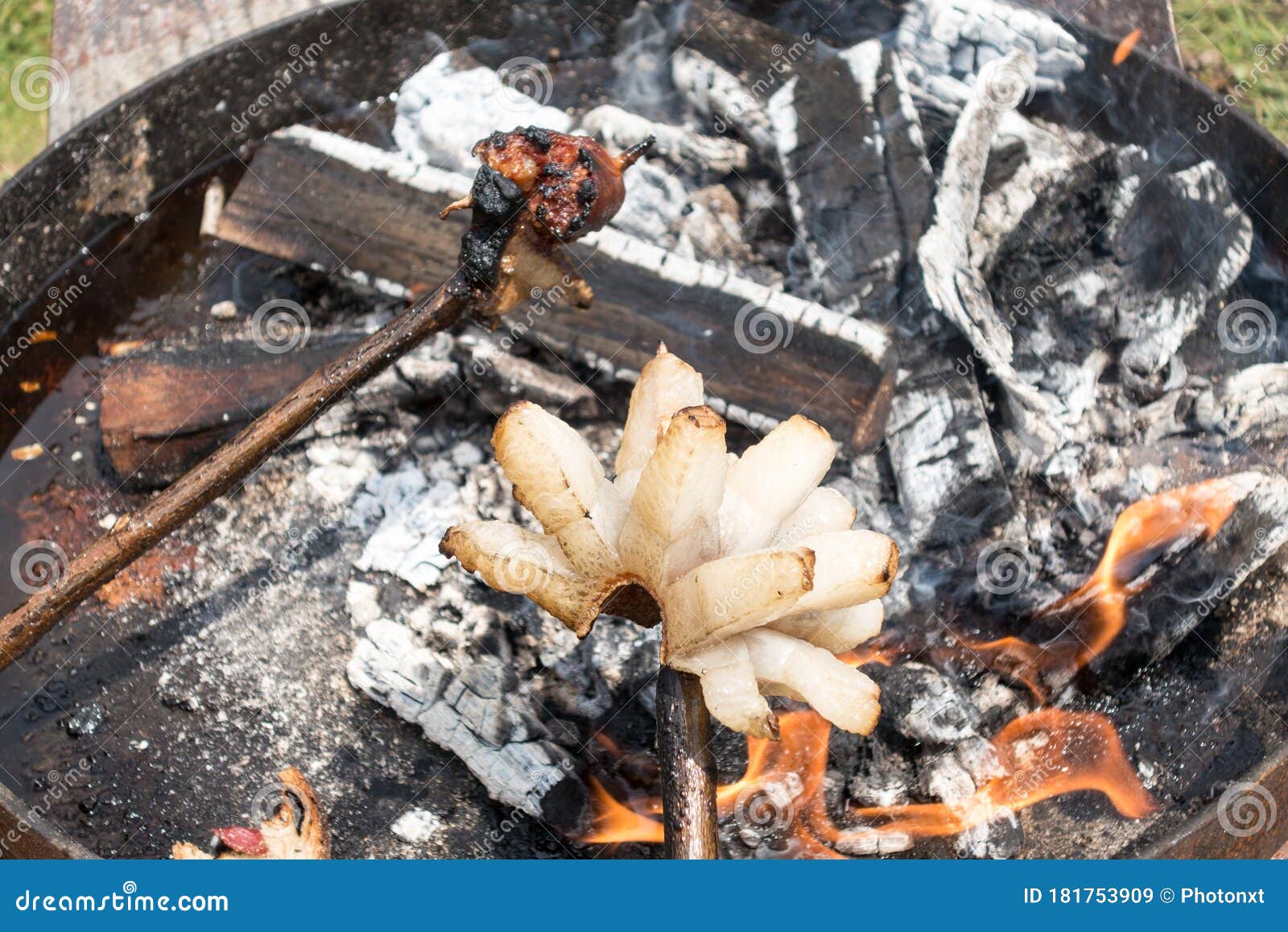 Smoked Lard Slanina, Sausages and Bread Cooked on Fire Stock Image ...