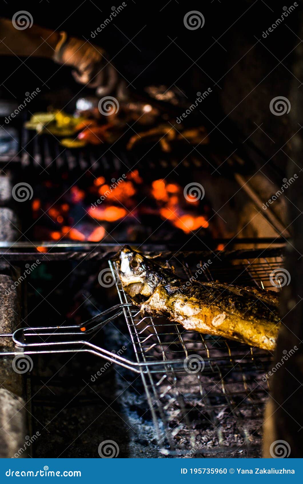 Smoked mackerel on grill stock photo. Image of food 195735960