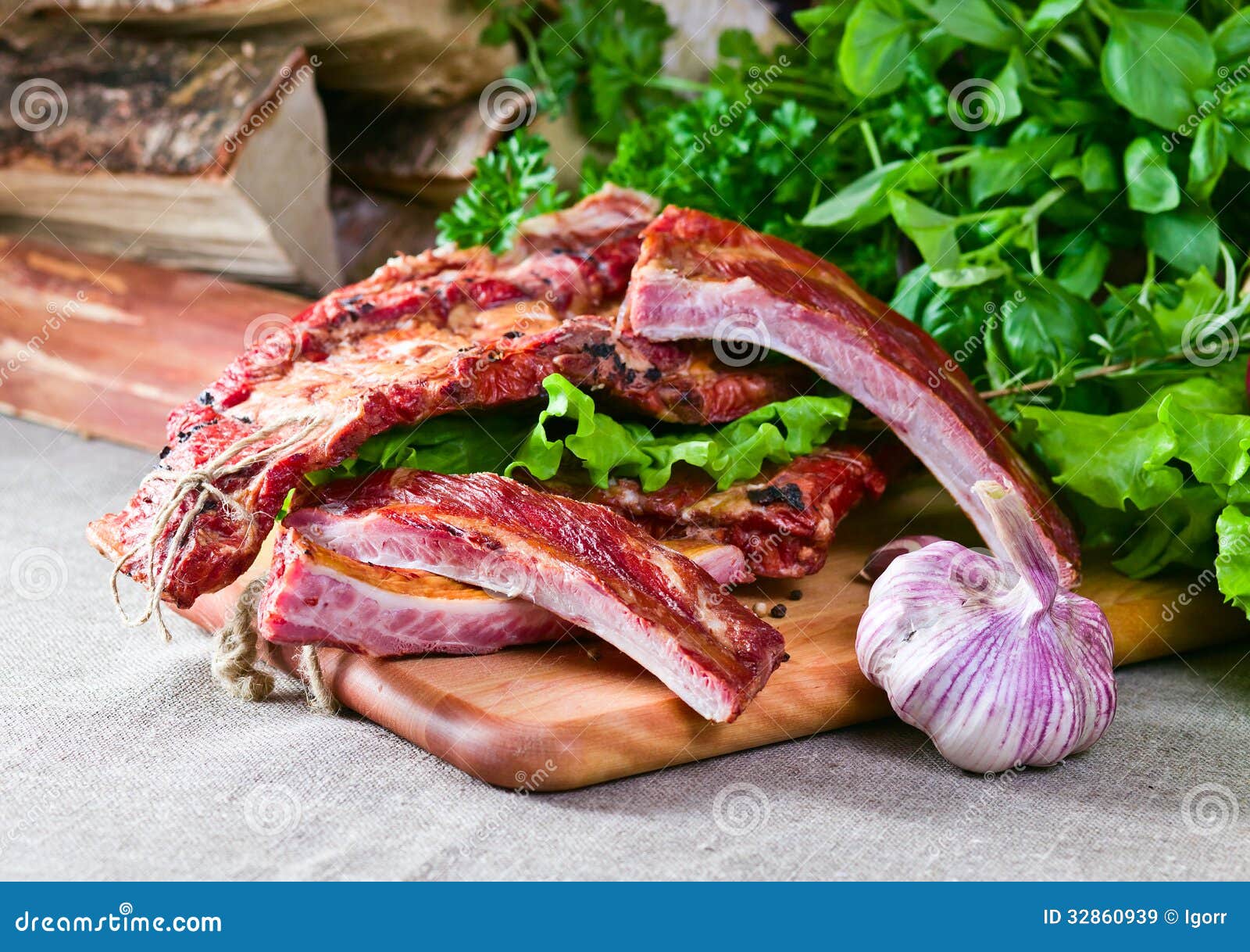 Smoked meat with greens stock image. Image of healthy 32860939