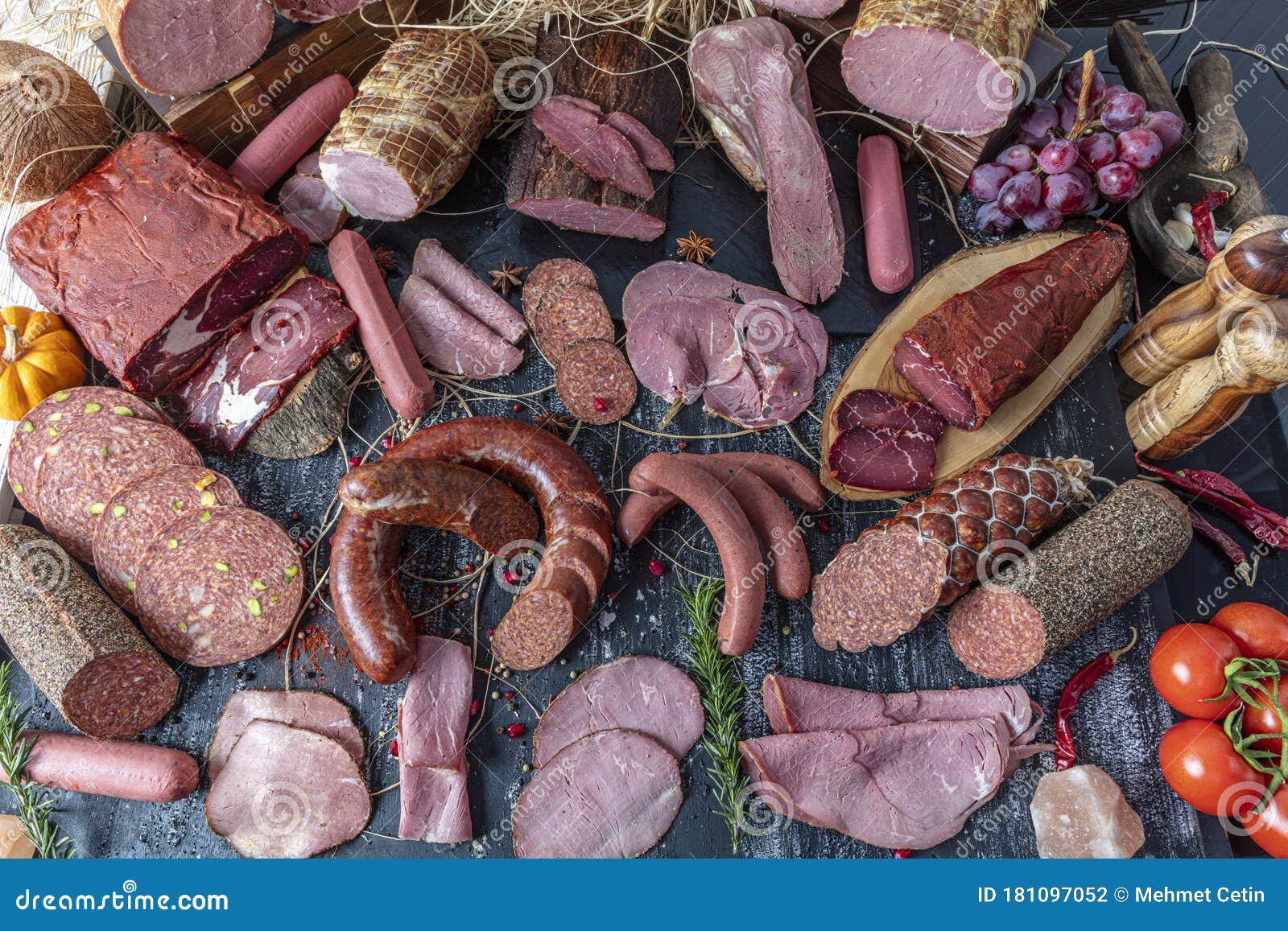 Smoked Meat Products Display Meats Cold Cuts And Sausages In A