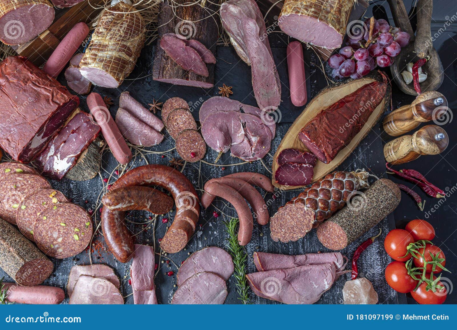 Smoked Meat Products Display Meats Cold Cuts And Sausages In A