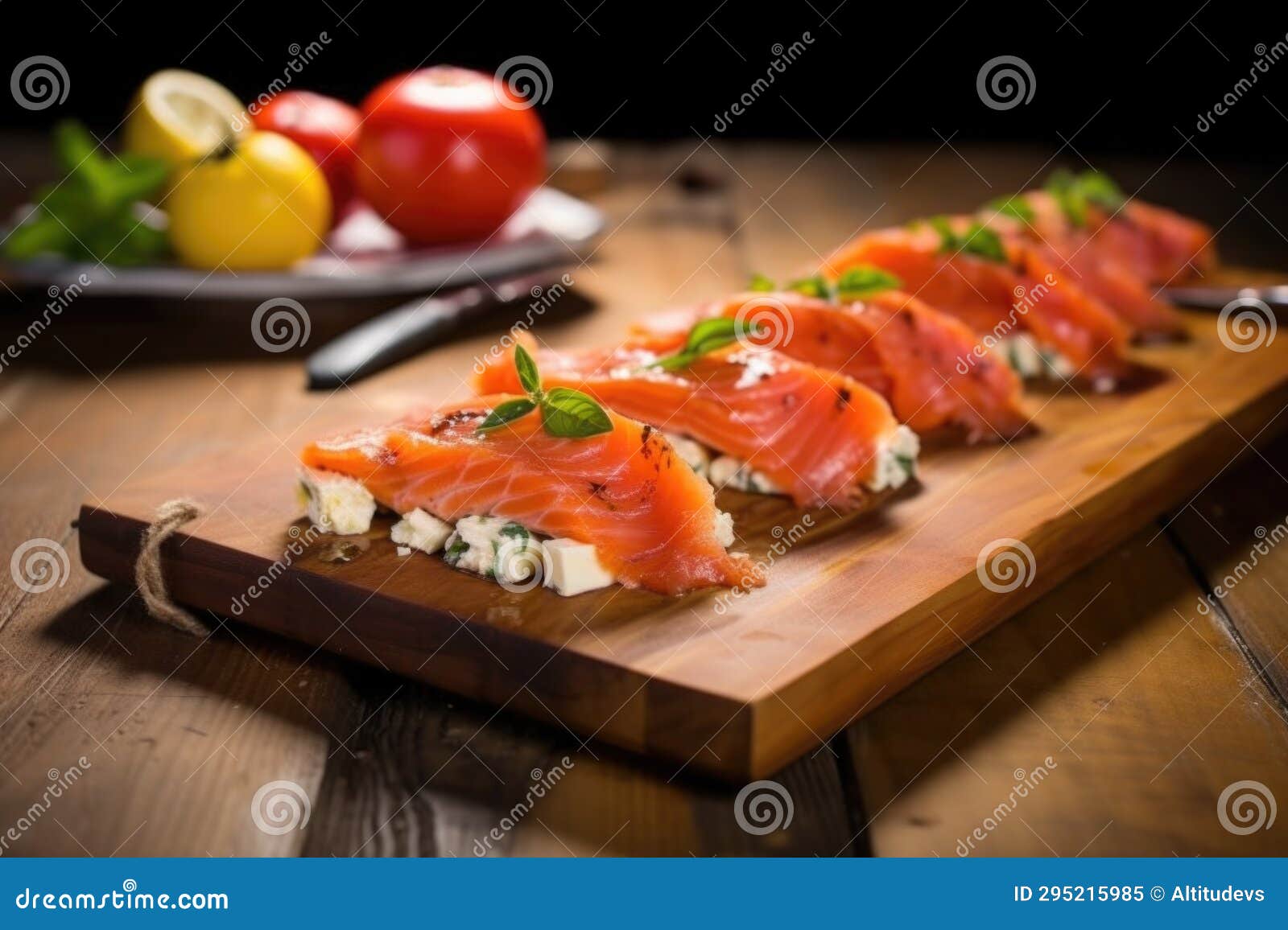 Smoked Salmon on Cedar Plank with Sliced Tomatoes Stock Image Image