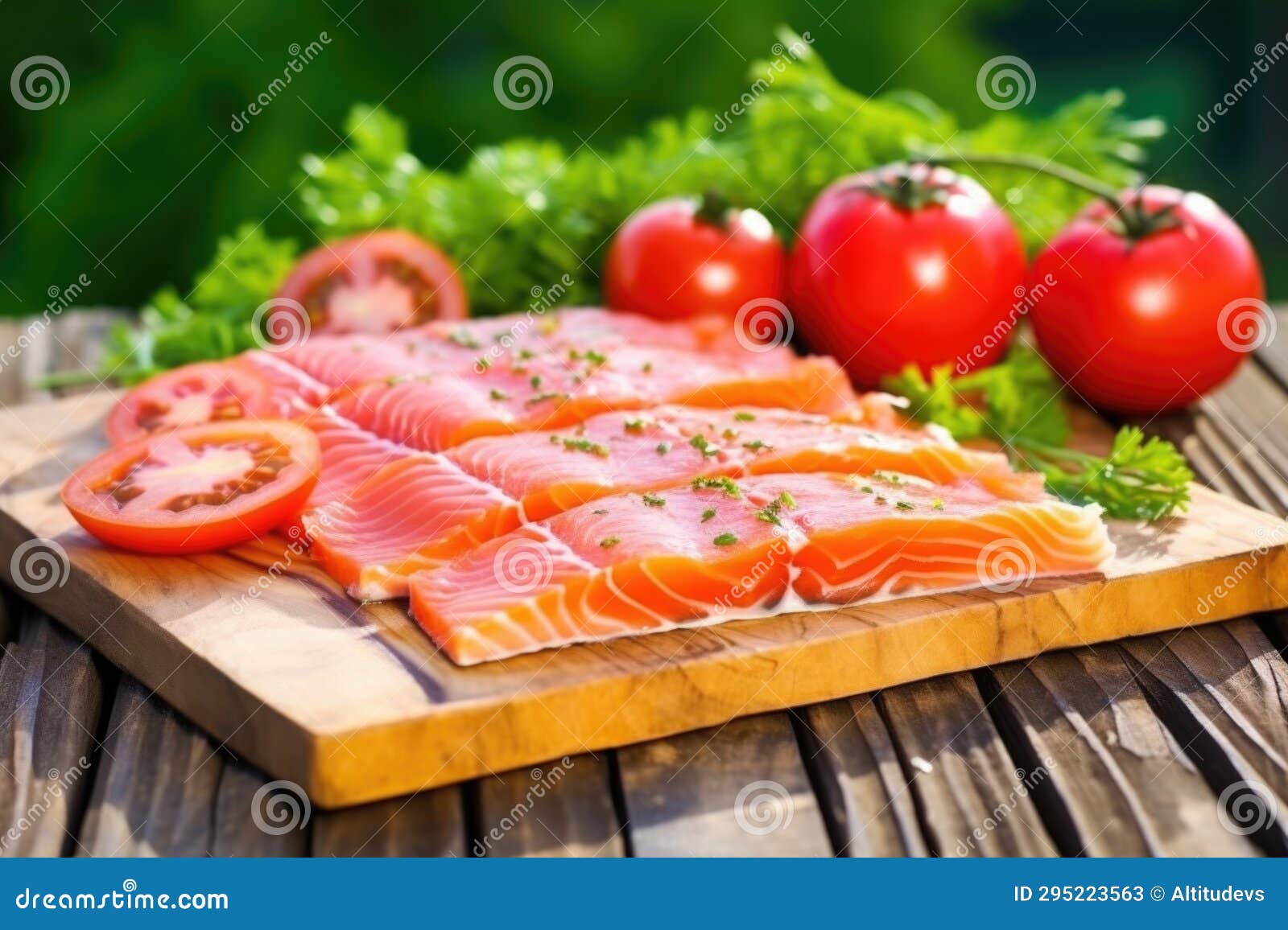 Smoked Salmon on Cedar Plank with Sliced Tomatoes Stock Image Image