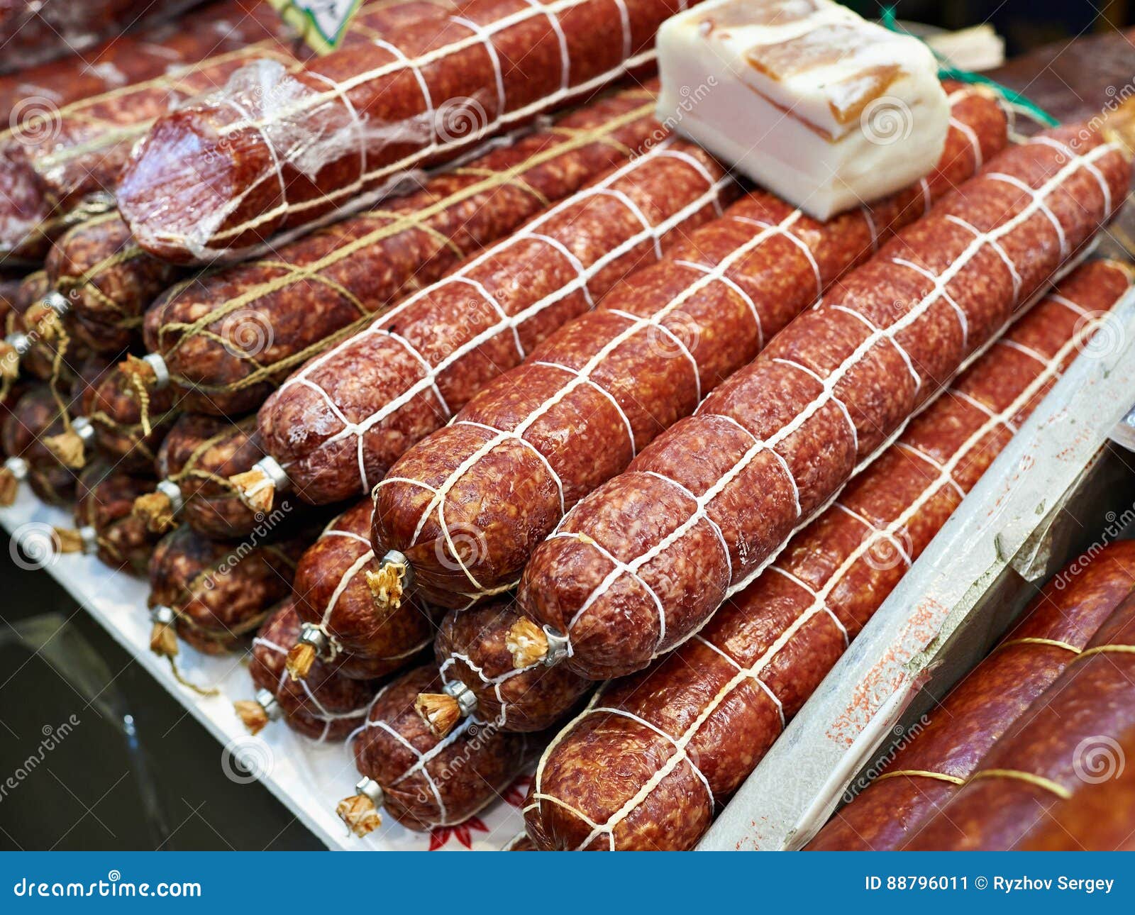 Smoked Sausage on Counter of Grocery Store Stock Image Image of