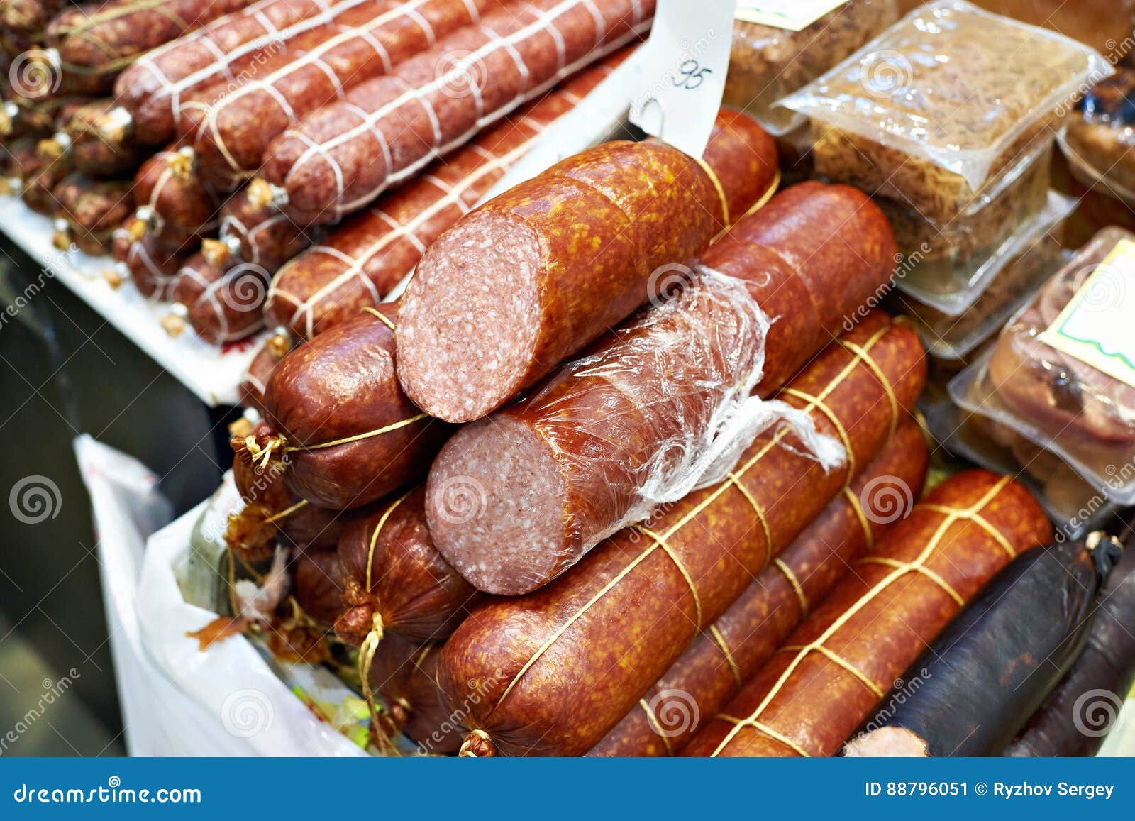 Smoked Sausage on Counter of Grocery Store Stock Image Image of