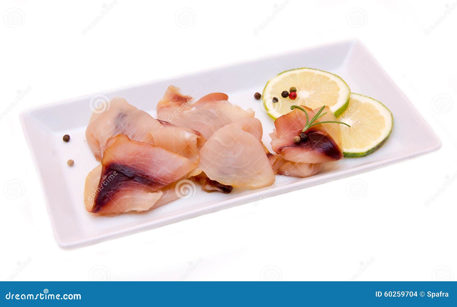 Smoked swordfish on tray stock photo. Image of sliced 60259704
