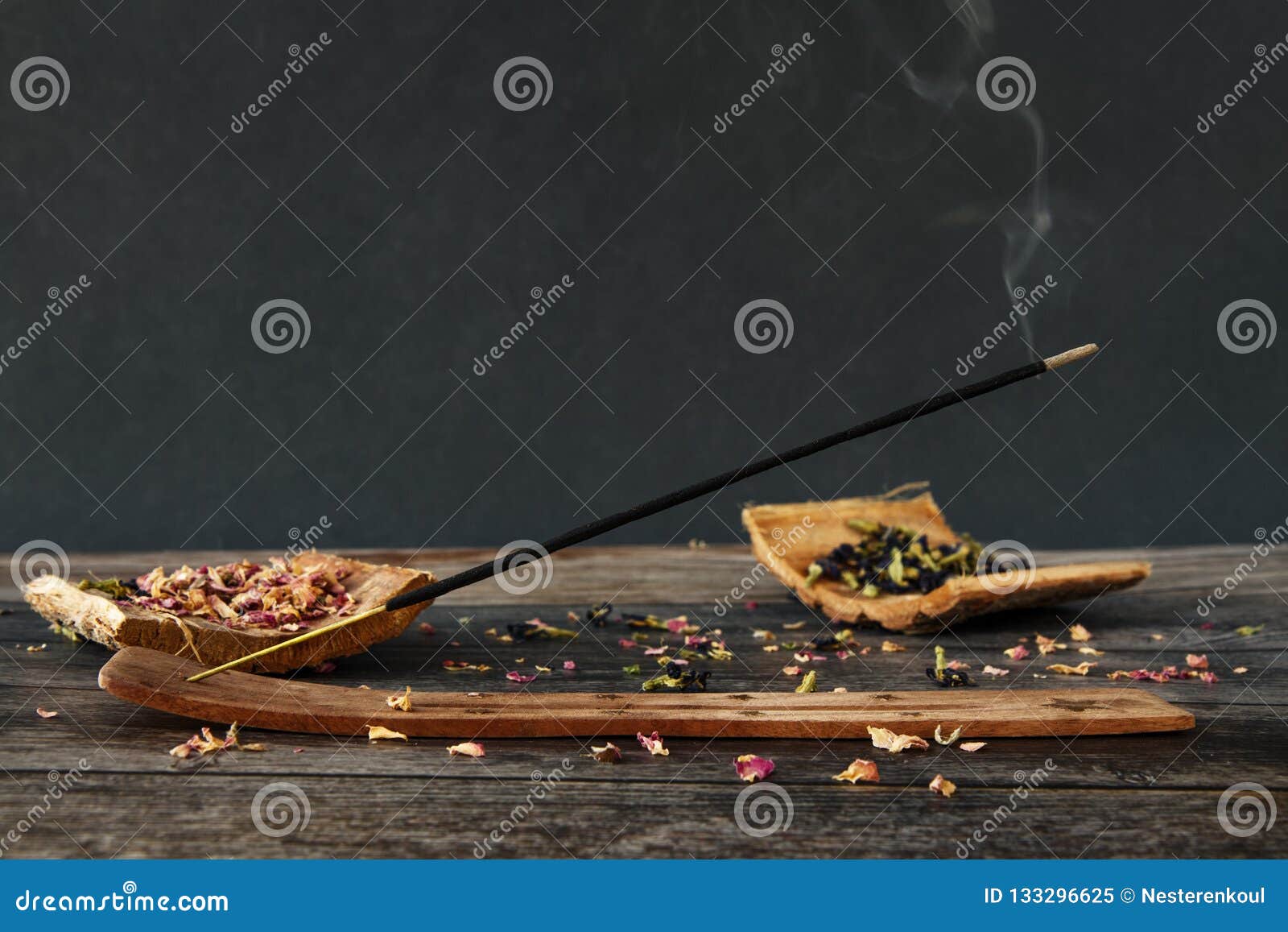 smoking incense on wooden background