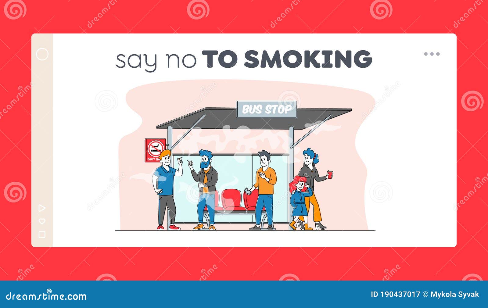 smoking in public place, bad habit landing page template. male characters smoke near prohibited sign on bus stop