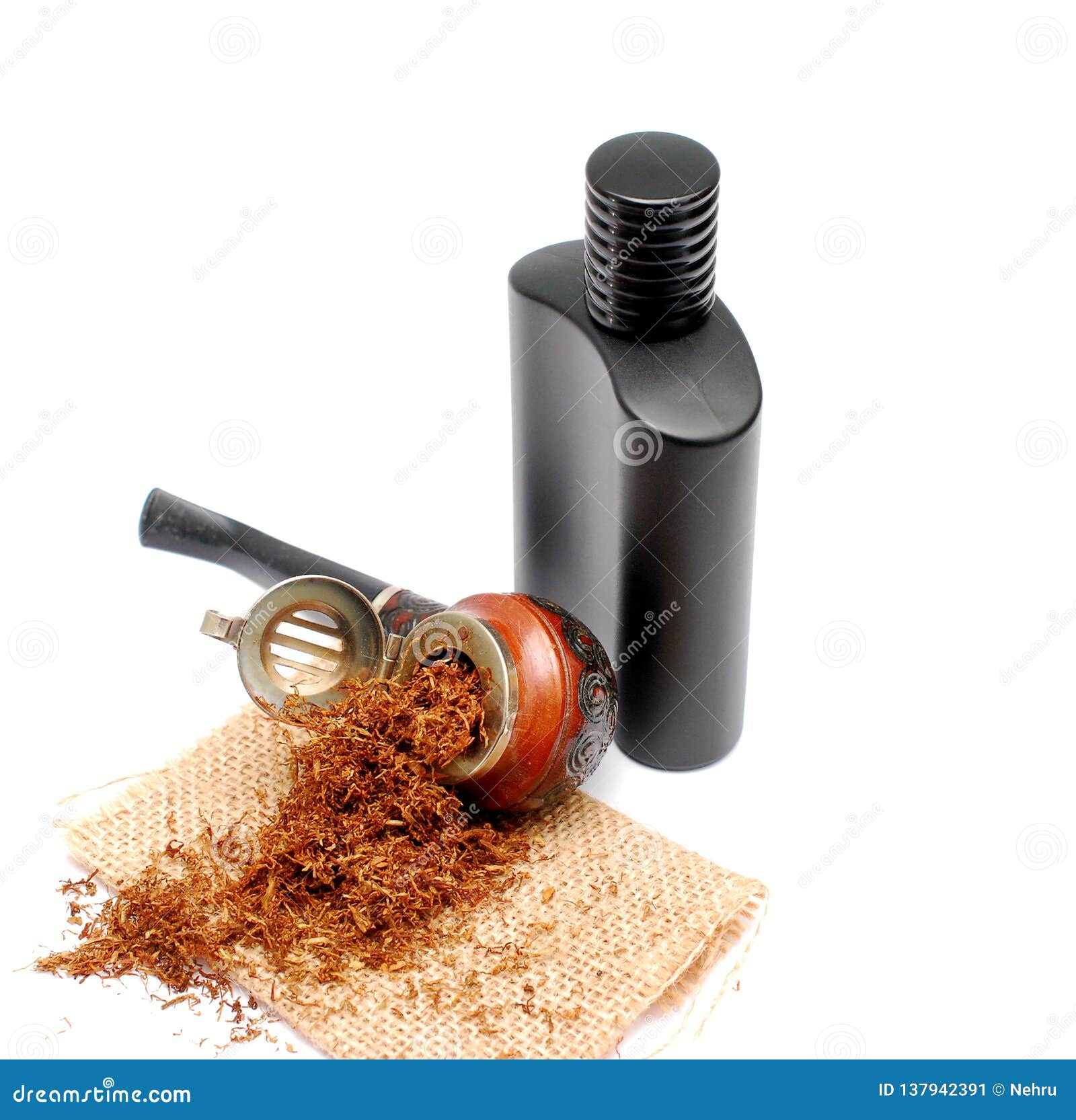 Smoking Tobacco Pipe and Men Perfume Bottle on White Background Stock