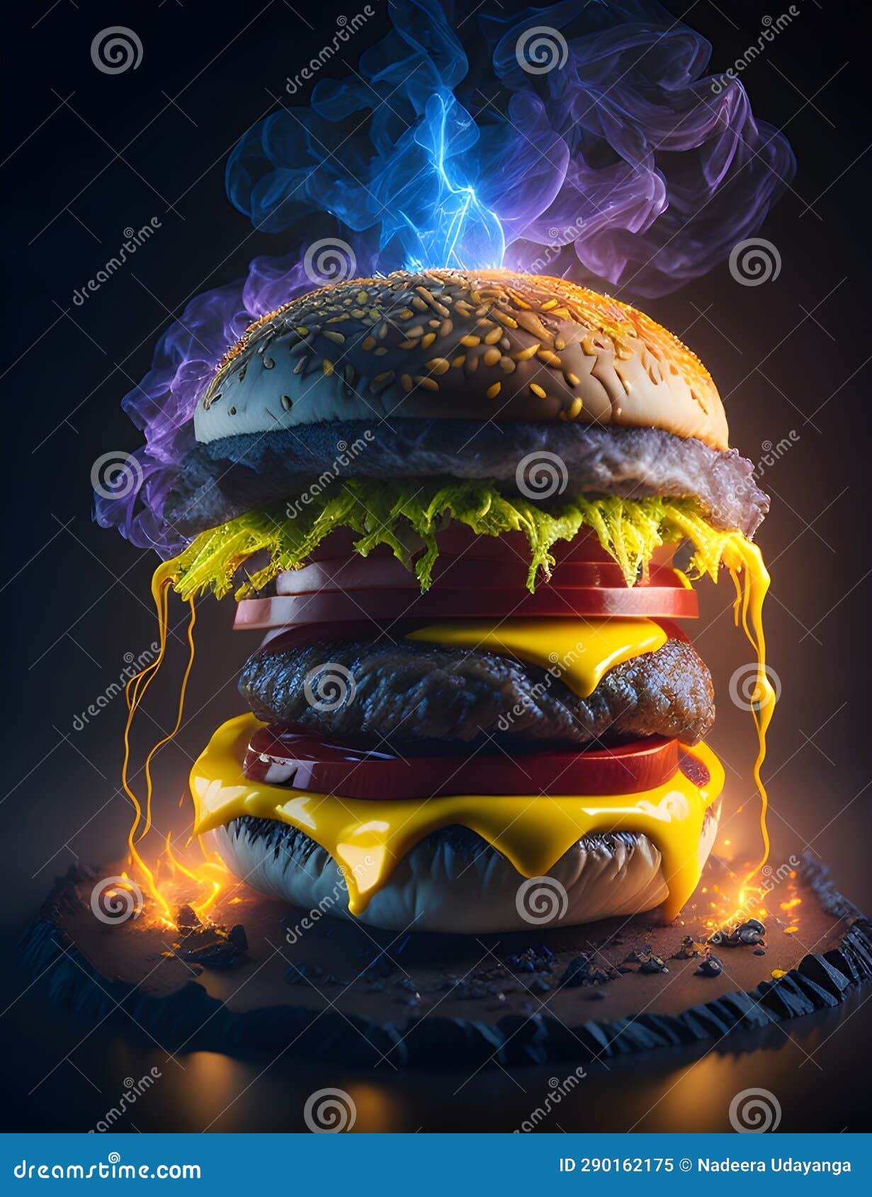 smoky fire fantasy burger delicious hamburger with flaming lights wallpaper background art