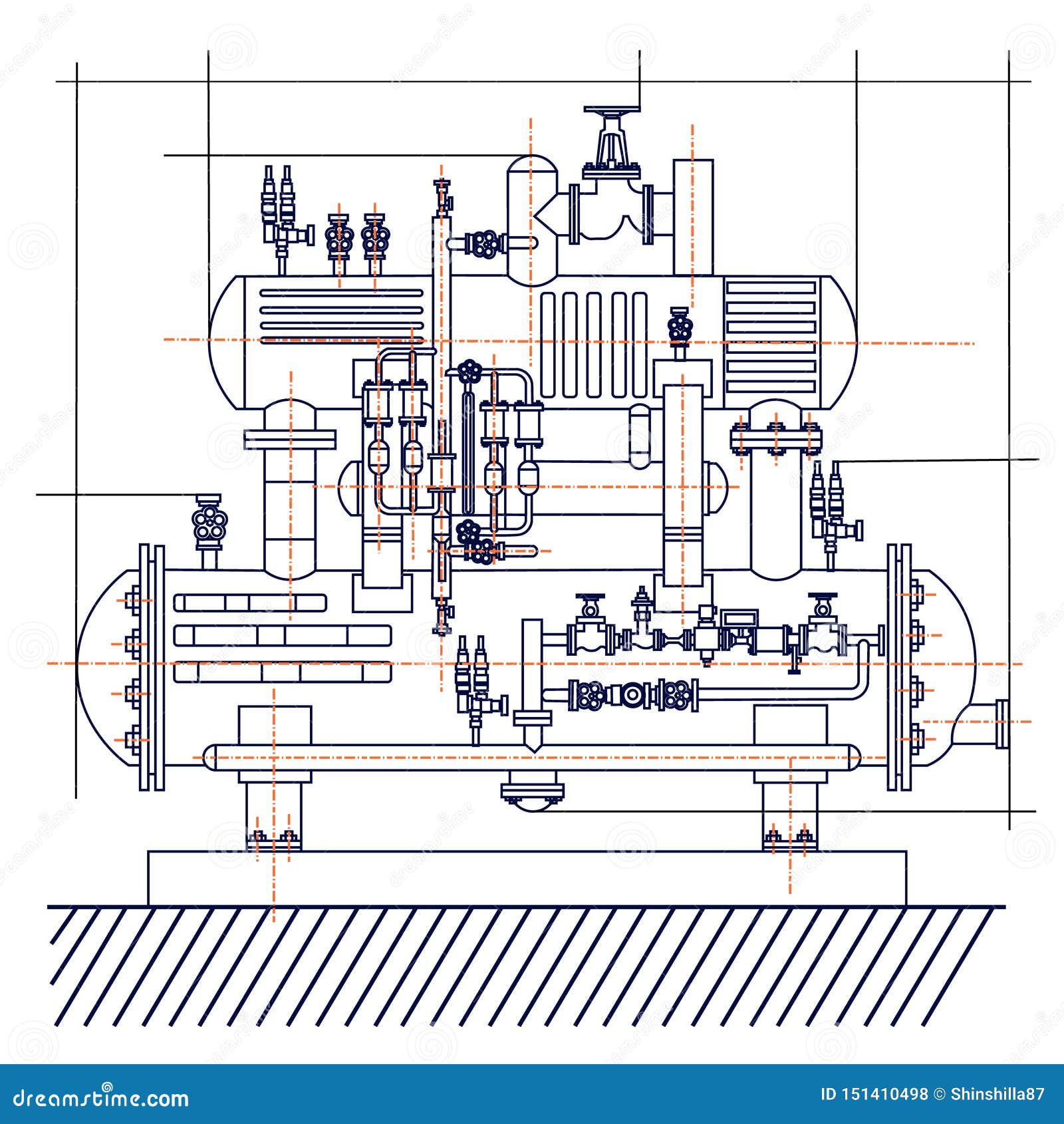 Smooth Free Technological Drawing of the Refrigeration Unit. Drawing of