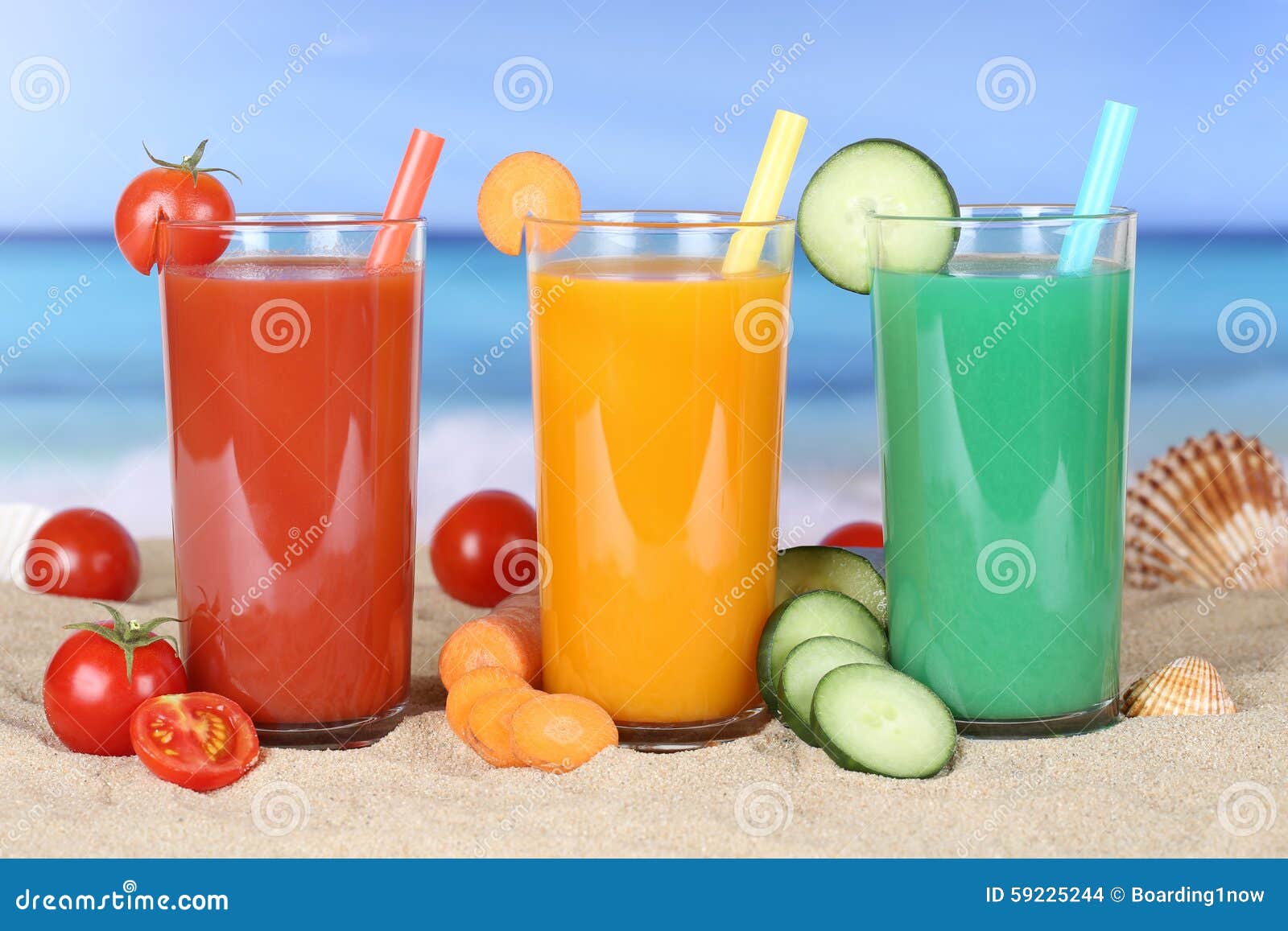 Smoothie Vegetable Tomato Juice with Vegetables on the Beach Stock