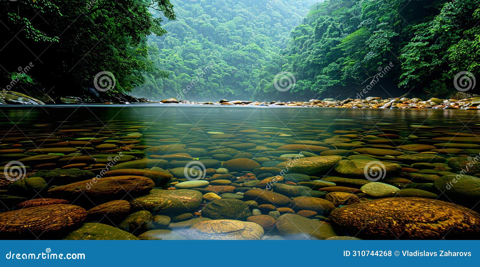 a smoothly current stream decorates its shores with many pebbles and flowers, creating an idy