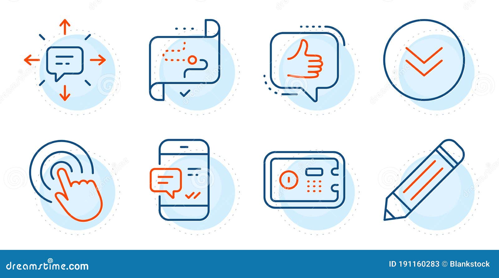 sms, target path and smartphone notification icons set. pencil, safe box and like signs. 