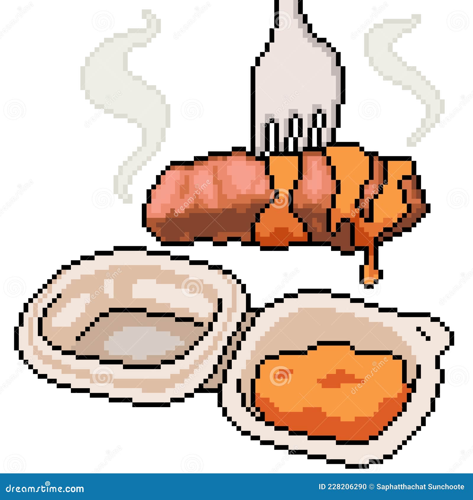 Placa de pixel art com ovos fritos e ícone de vetor de bacon para jogo de 8  bits em fundo branco