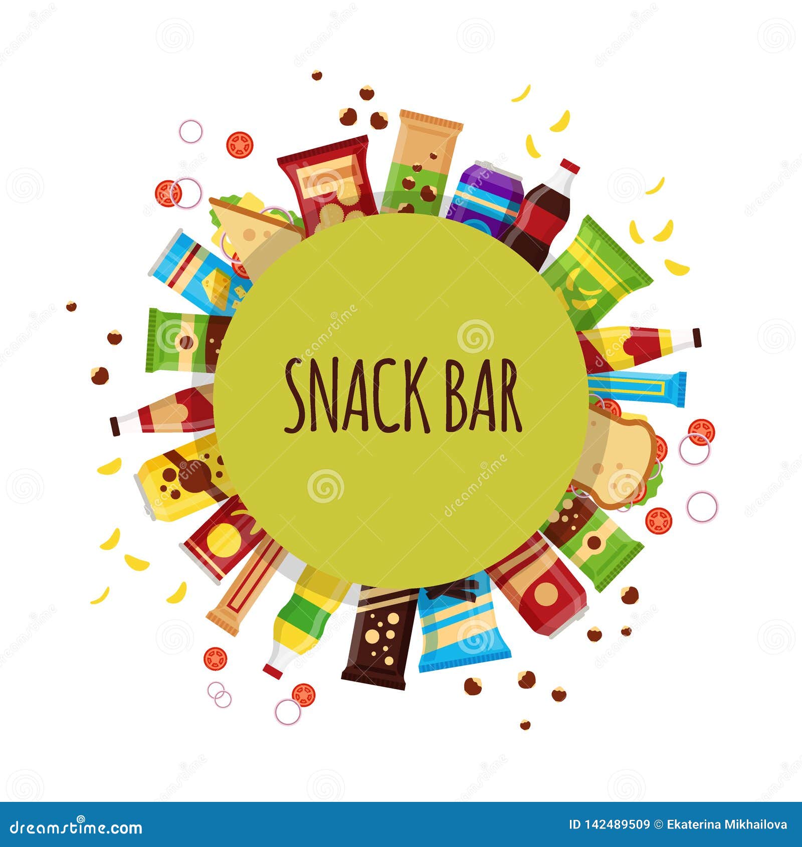 snack product with circle. fast food snacks, drinks, nuts, chips, cracker, juice, sandwich for snack bar  on