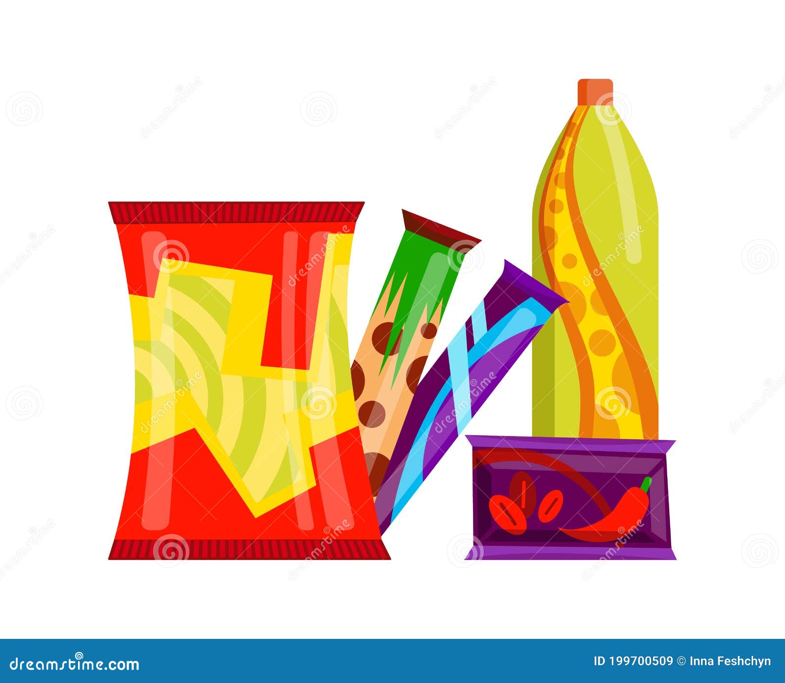 Snack Product Set. Fast Food Snacks Drinks and Sweet Bars Isolated on