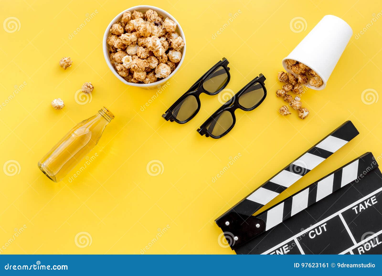 Welp Snacks For Film Watching. Popcorn And Soda Near Clapperboard EQ-08