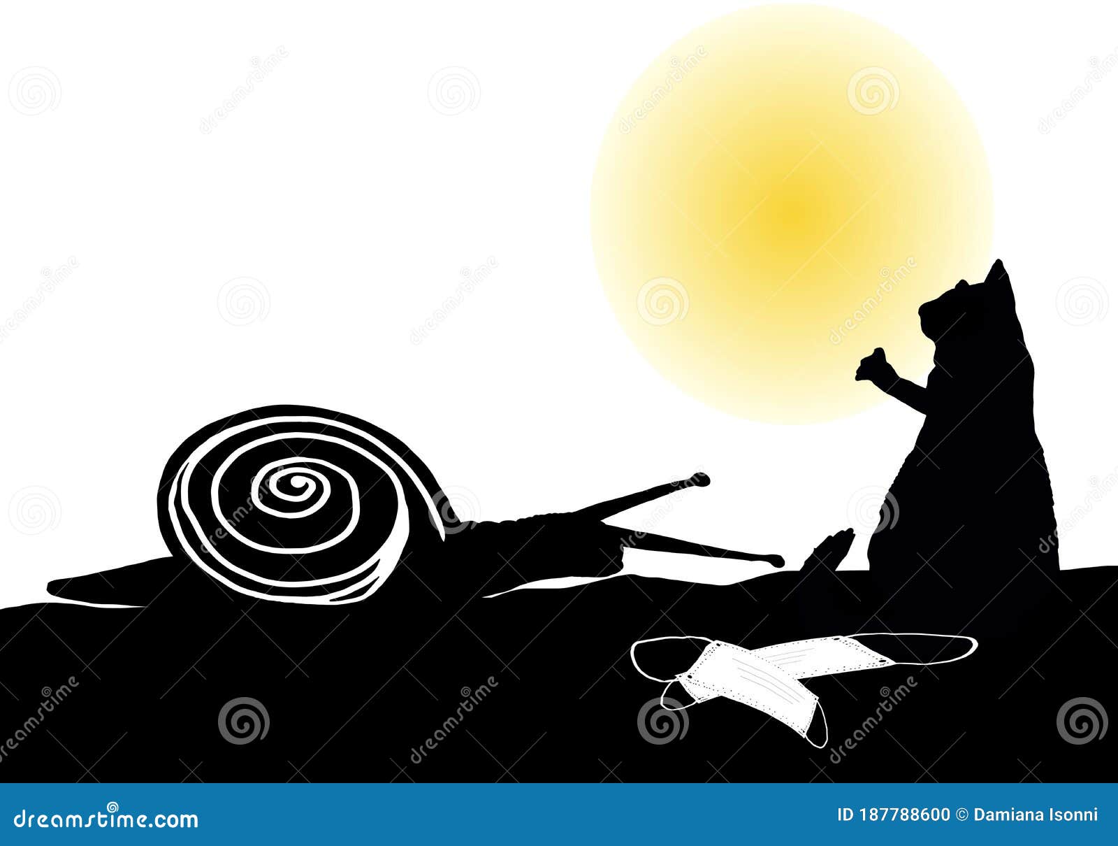 snail and cat with masks on the ground with sun