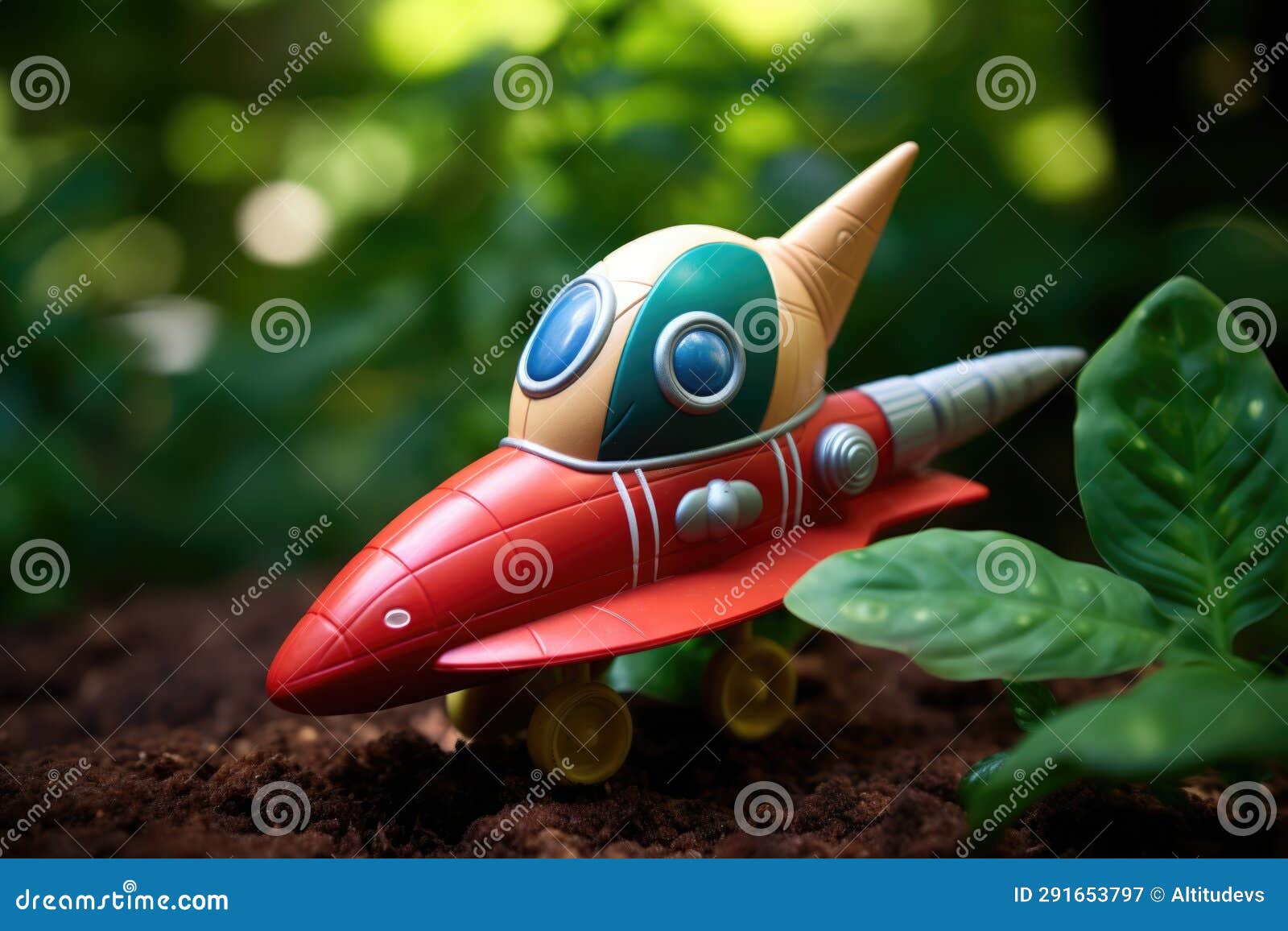Snail Exploring a Green Toy Rocket on a Leafy Background Stock Image