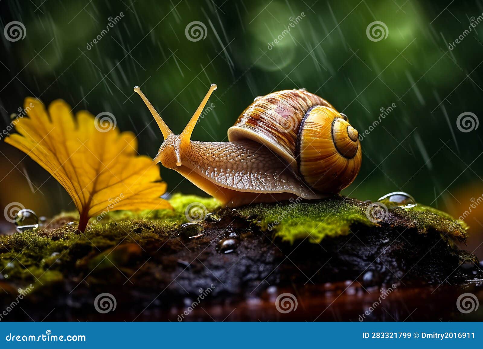 a little snail in a forest under the rain.