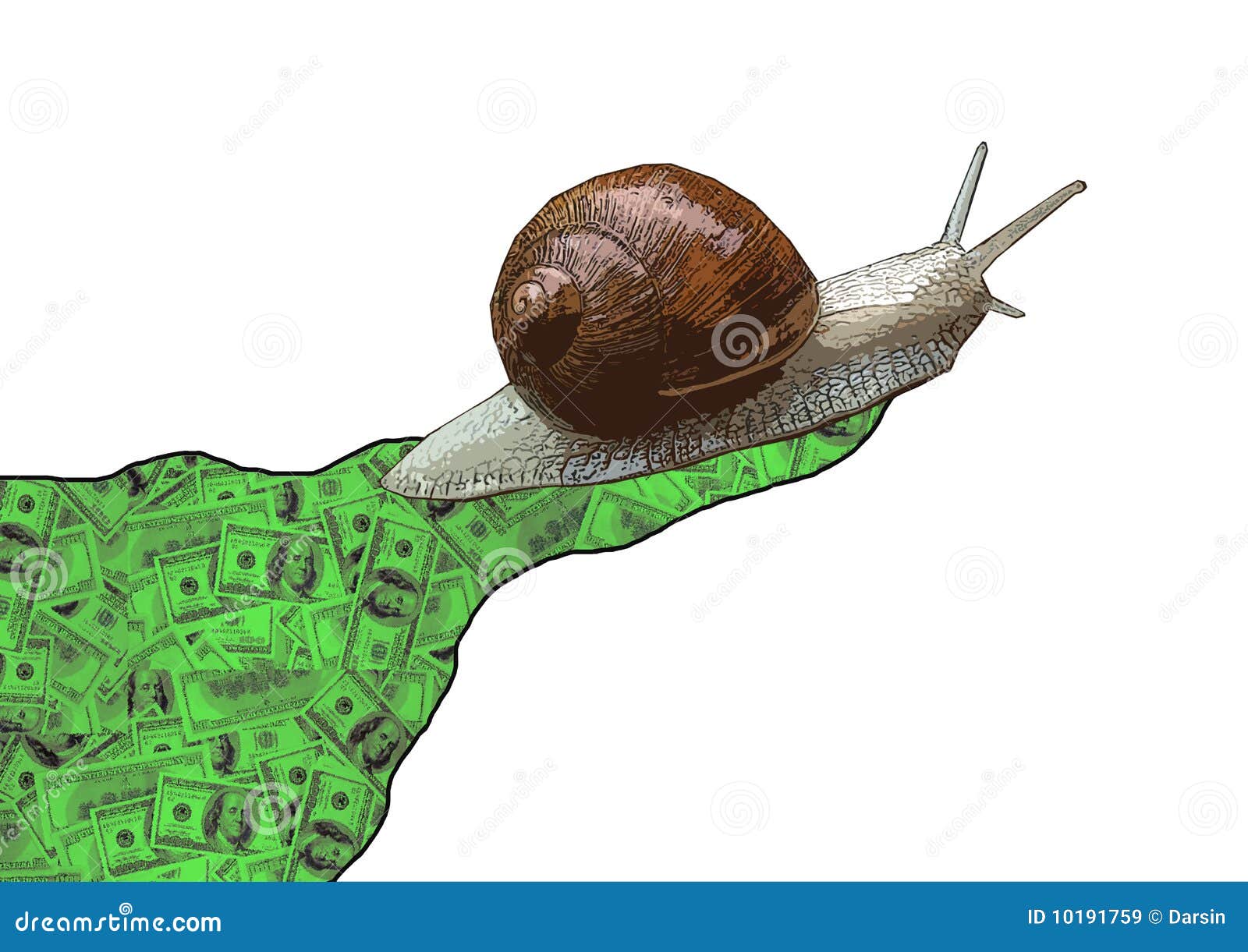 Snail s pace. A snail crawls slowly and leaves behind slimy money.