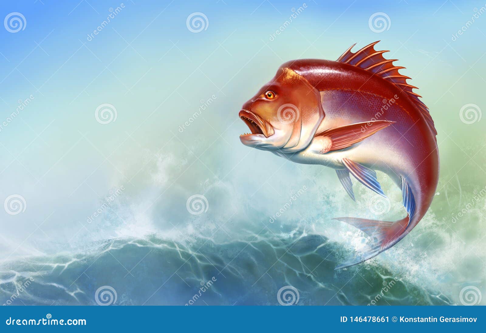 Snapper Red Big Jumps Out the Waves. Stock Illustration - Illustration of fresh, ocean: 146478661
