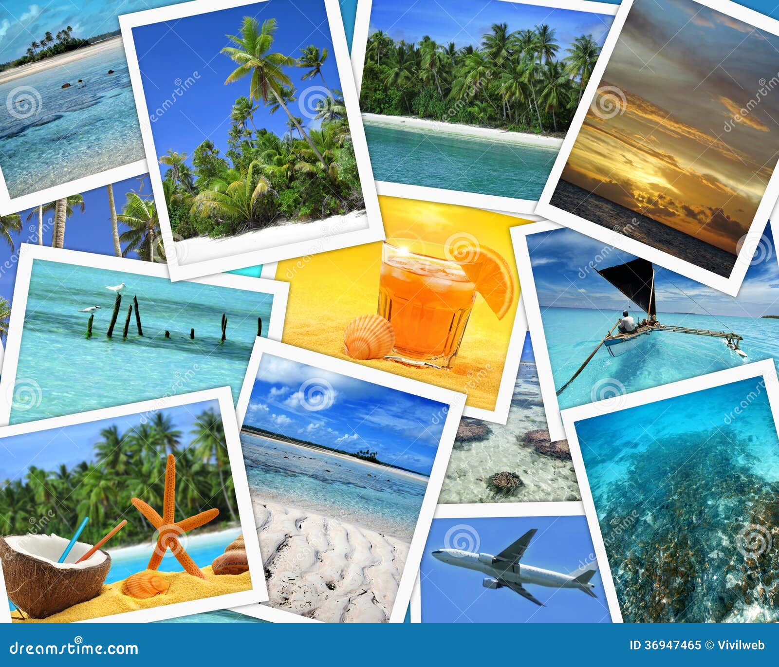 Collage of snapshots of tropical travel destinations.